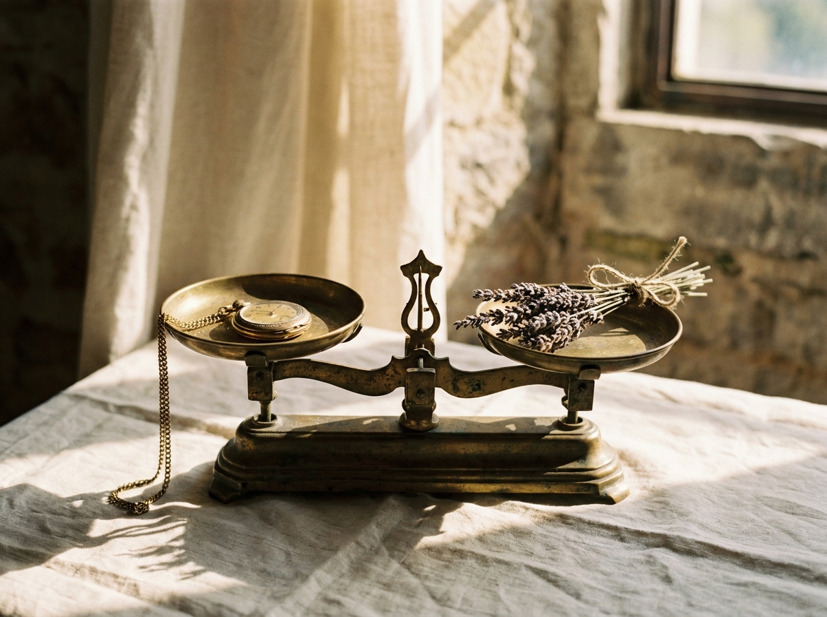 Brass apothecary balance scale in equilibrium with a gold pocketwatch and a tied bundle of dried lavender on cream linen — the visual signature of Aesura's measured, physician-led longevity practice.
