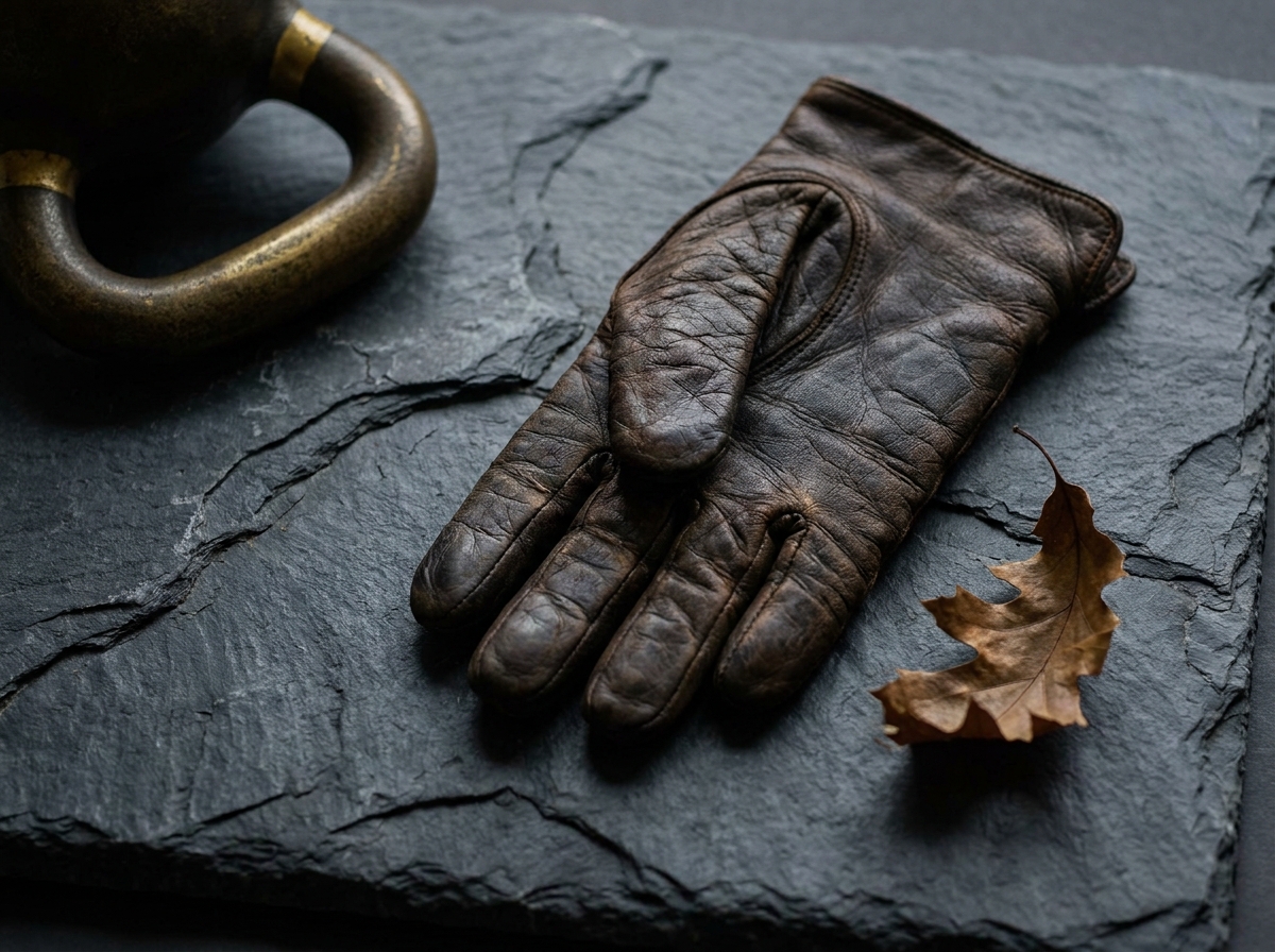 A worn dark leather riding glove on a slab of cracked slate beside an oxidized brass kettlebell handle and a single dried oak leaf — Aesura's quiet, physician-led approach to testosterone optimization for men in Hackensack, NJ.