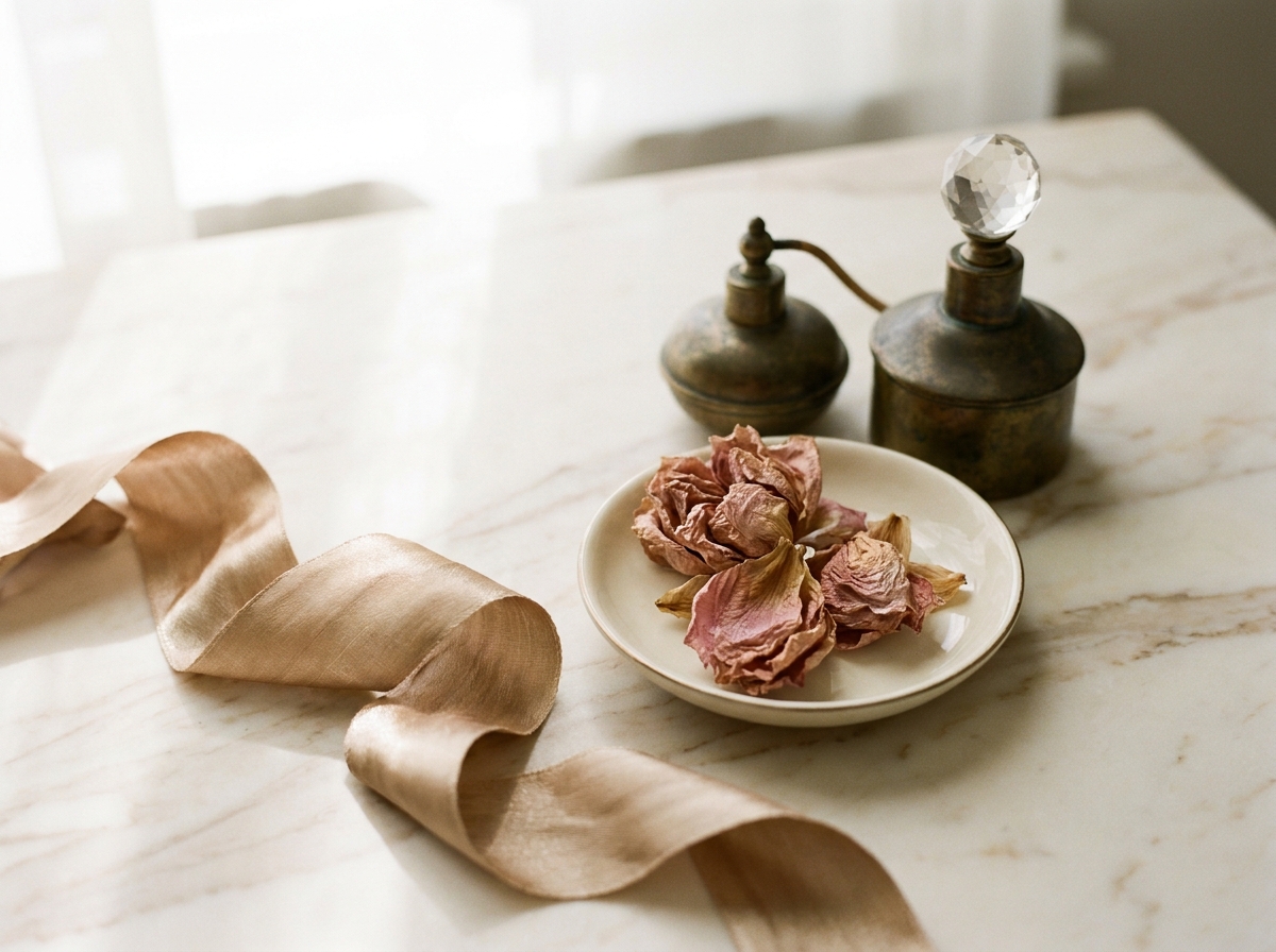 A draped silk-noil ribbon in champagne-bronze, a porcelain dish with dried rose-gold peony petals, and a vintage brass perfume atomizer with cut-glass stopper on cream marble — Aesura's restrained, physician-led approach to bioidentical hormone replacement for women in Hackensack, NJ.