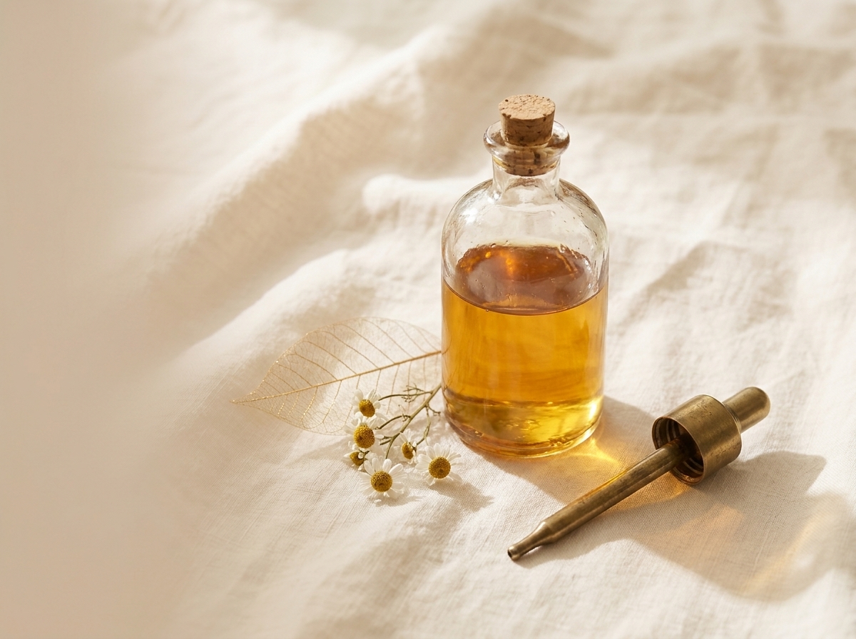 A hand-blown apothecary bottle of golden-amber liquid on cream linen with an antique brass dropper, a gold-veined leaf, and a sprig of dried chamomile, lit by soft window light — Aesura Health's physician-formulated NAD+ and IV infusion therapy at the Longevity Lounge in Hackensack, Bergen County NJ.