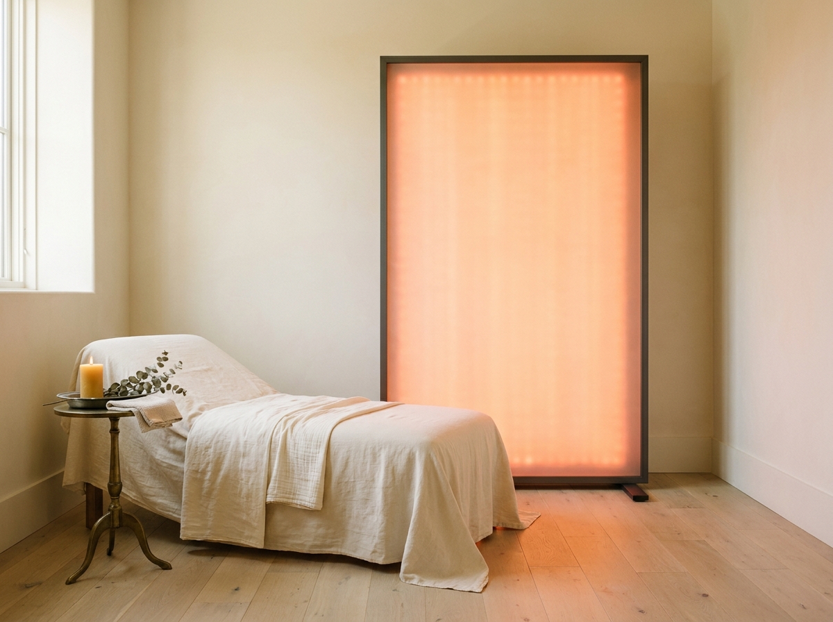 A single lit beeswax pillar candle casting amber-red firelight onto cream linen, beside an antique brass hand-mirror catching the warm glow — Aesura Health's clinical-grade red light photobiomodulation therapy at the Longevity Lounge in Hackensack, Bergen County NJ.