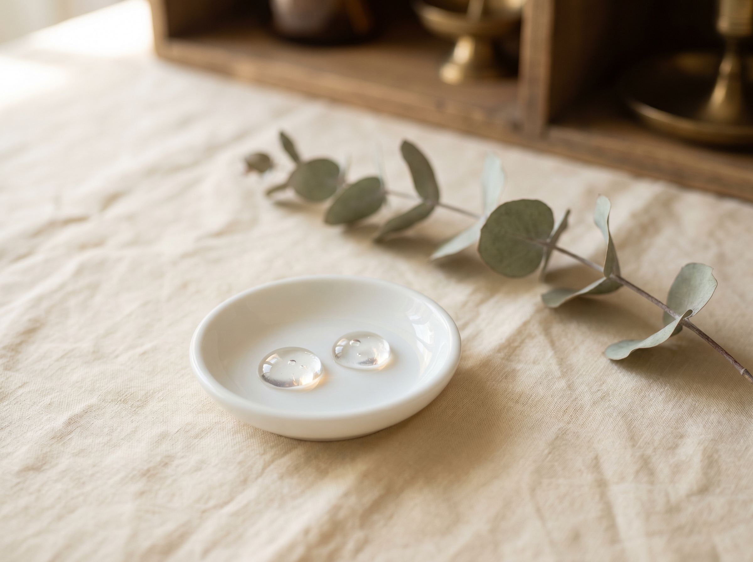 A small refined porcelain dish on cream linen holding two crystal-clear viscous gel droplets beside a curving dried eucalyptus stem — Aesura Health's physician-supervised dermal filler practice (Restylane, Juvederm) in Hackensack, Bergen County NJ.