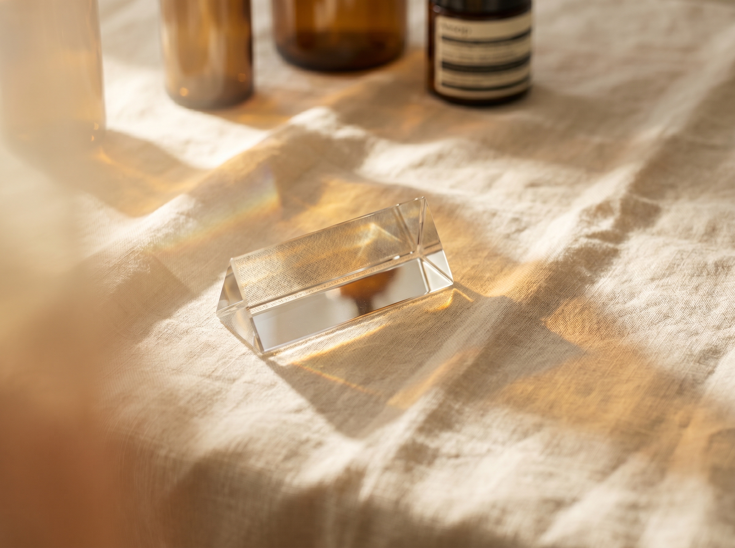 A faceted clear crystal prism on cream linen, sunlight refracting through its facets and casting golden caustic patterns across the linen — Aesura Health's physician-supervised Fraxel fractional laser practice in Hackensack, Bergen County NJ.