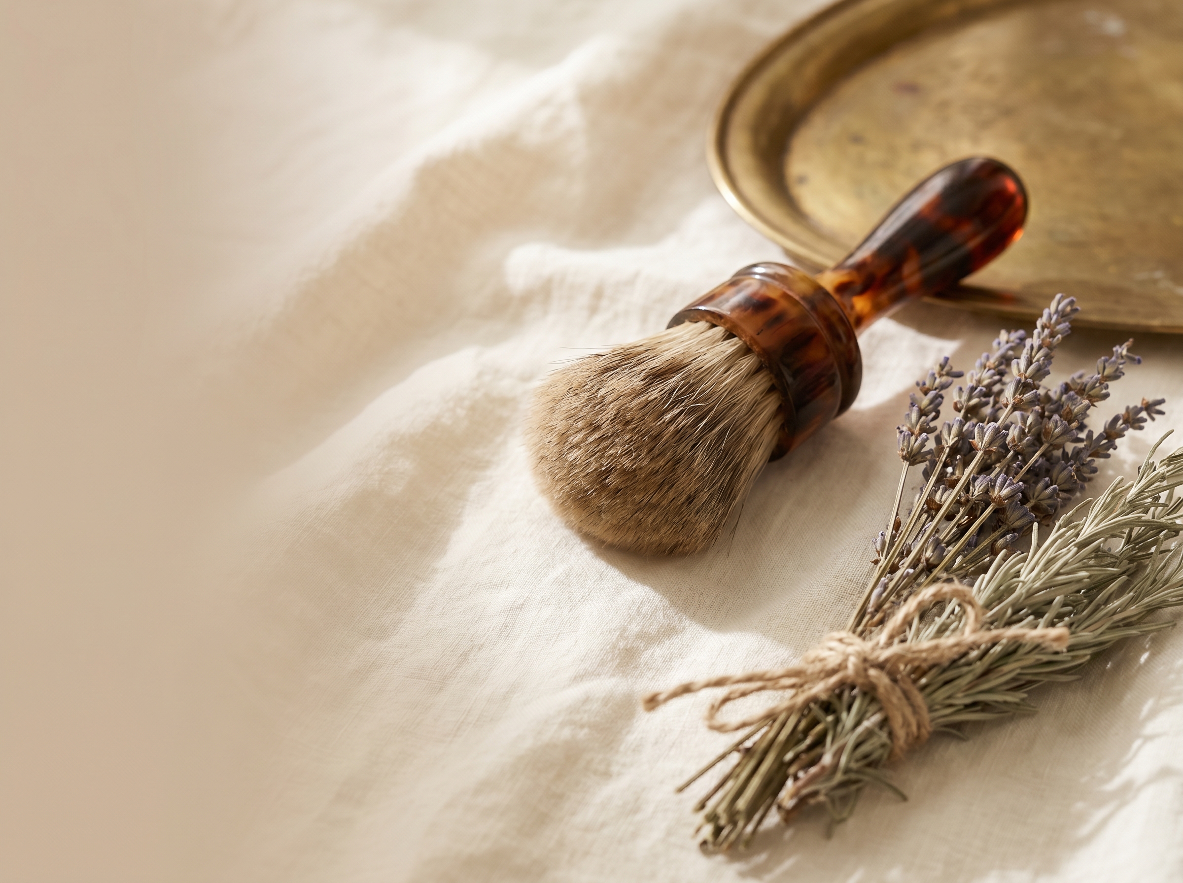 A tortoiseshell-handled apothecary brush on cream linen with bundles of dried lavender and rosemary tied with hemp twine — Aesura Health's physician-led PRP/PRF hair restoration program in Hackensack, Bergen County NJ.