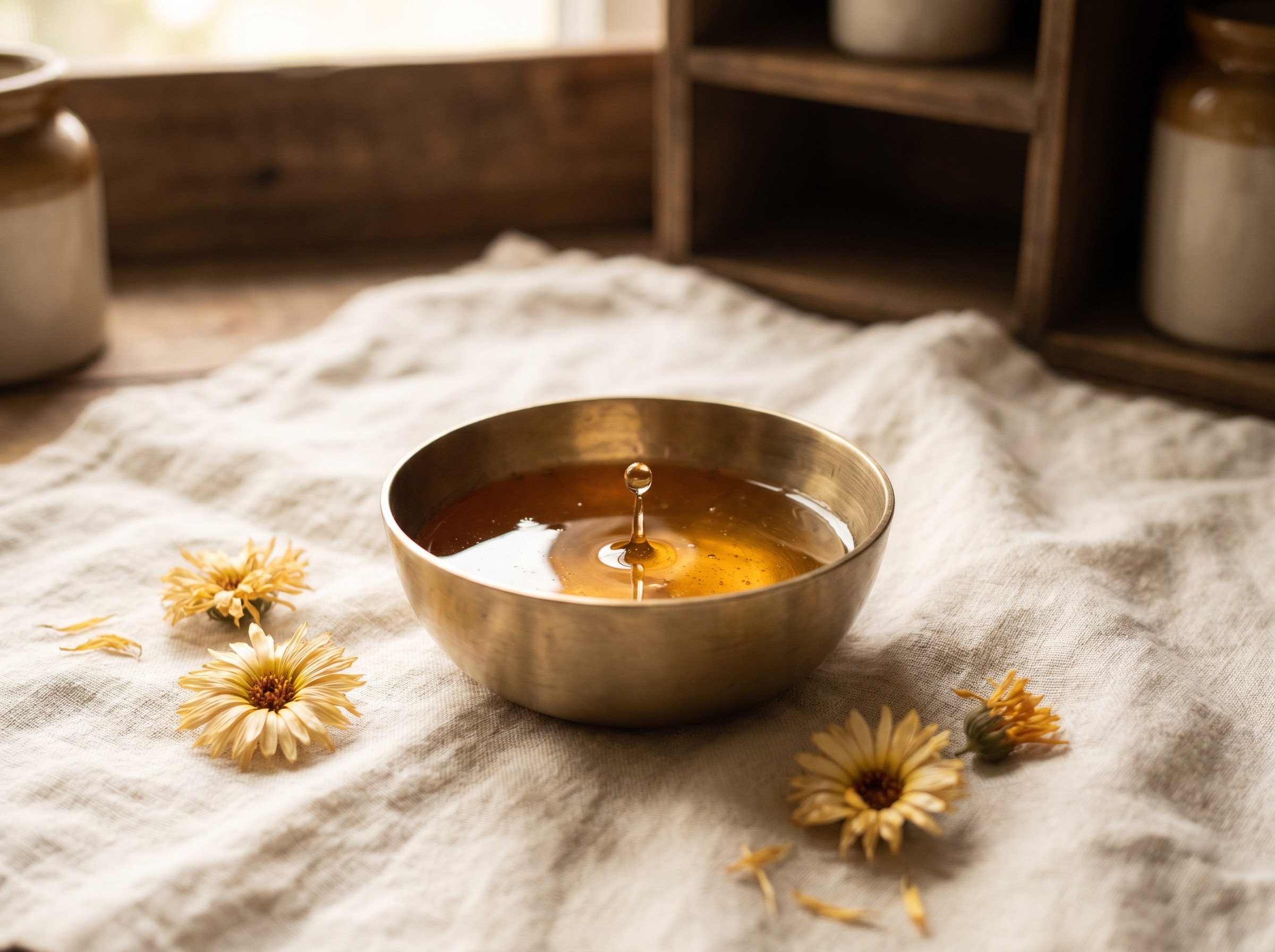 A small porcelain bowl on cream linen pooling with honey-amber serum, a few dried calendula and marigold blossoms scattered nearby — Aesura Health's physician-supervised microneedling-with-PRP practice in Hackensack, Bergen County NJ.