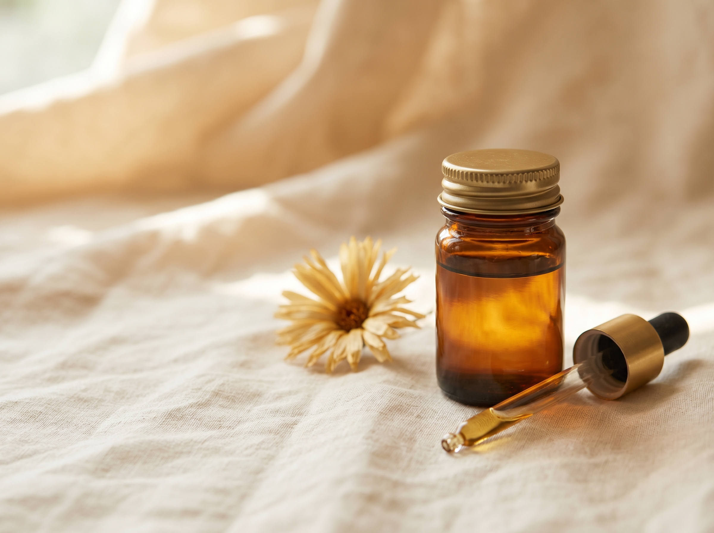 A small amber-glass apothecary jar on cream linen with a slim brass dropper resting beside, a single dried calendula blossom nearby — Aesura Health's physician-supervised PRP under-eye practice in Hackensack, Bergen County NJ.