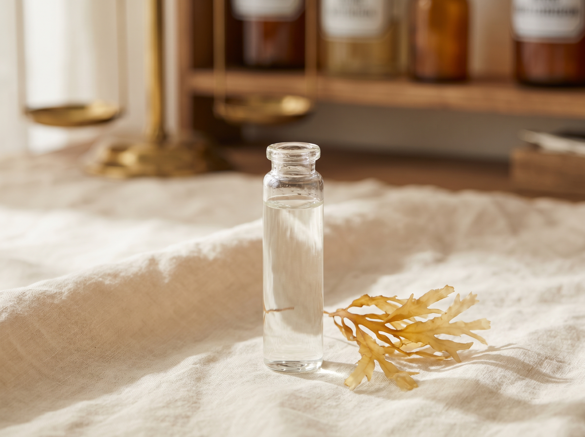 A slim hand-blown clear-glass apothecary vial on cream linen with a delicate dried sea-leaf frond beside it — Aesura Health's physician-supervised Rejuran polynucleotide microneedling practice in Hackensack, Bergen County NJ.