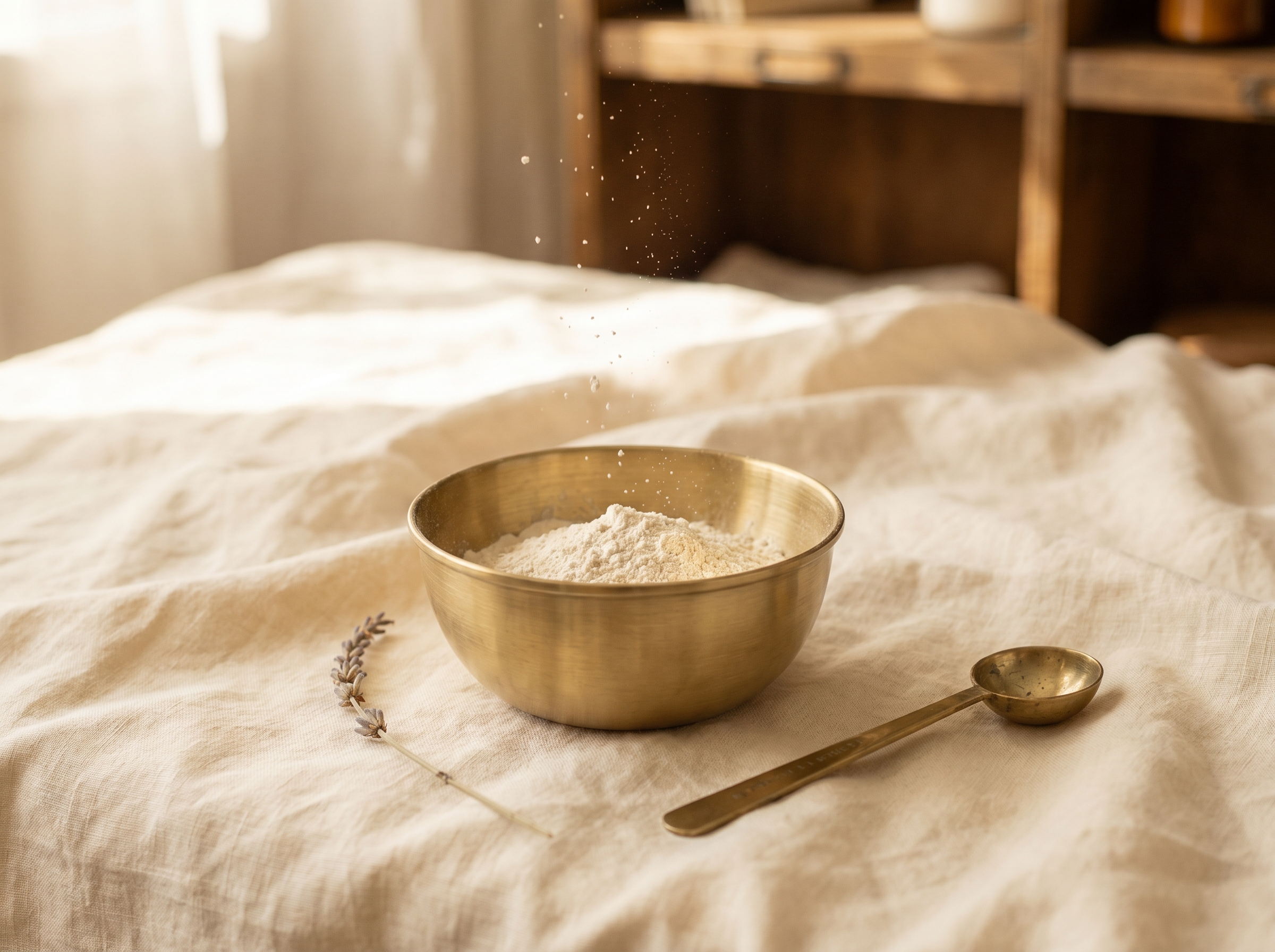 A brushed-brass apothecary bowl on cream linen with fine cream-white powder gently disturbed by a beam of soft daylight, a slim brass measuring spoon resting beside — Aesura Health's physician-supervised Sculptra (poly-L-lactic acid) practice in Hackensack, Bergen County NJ.