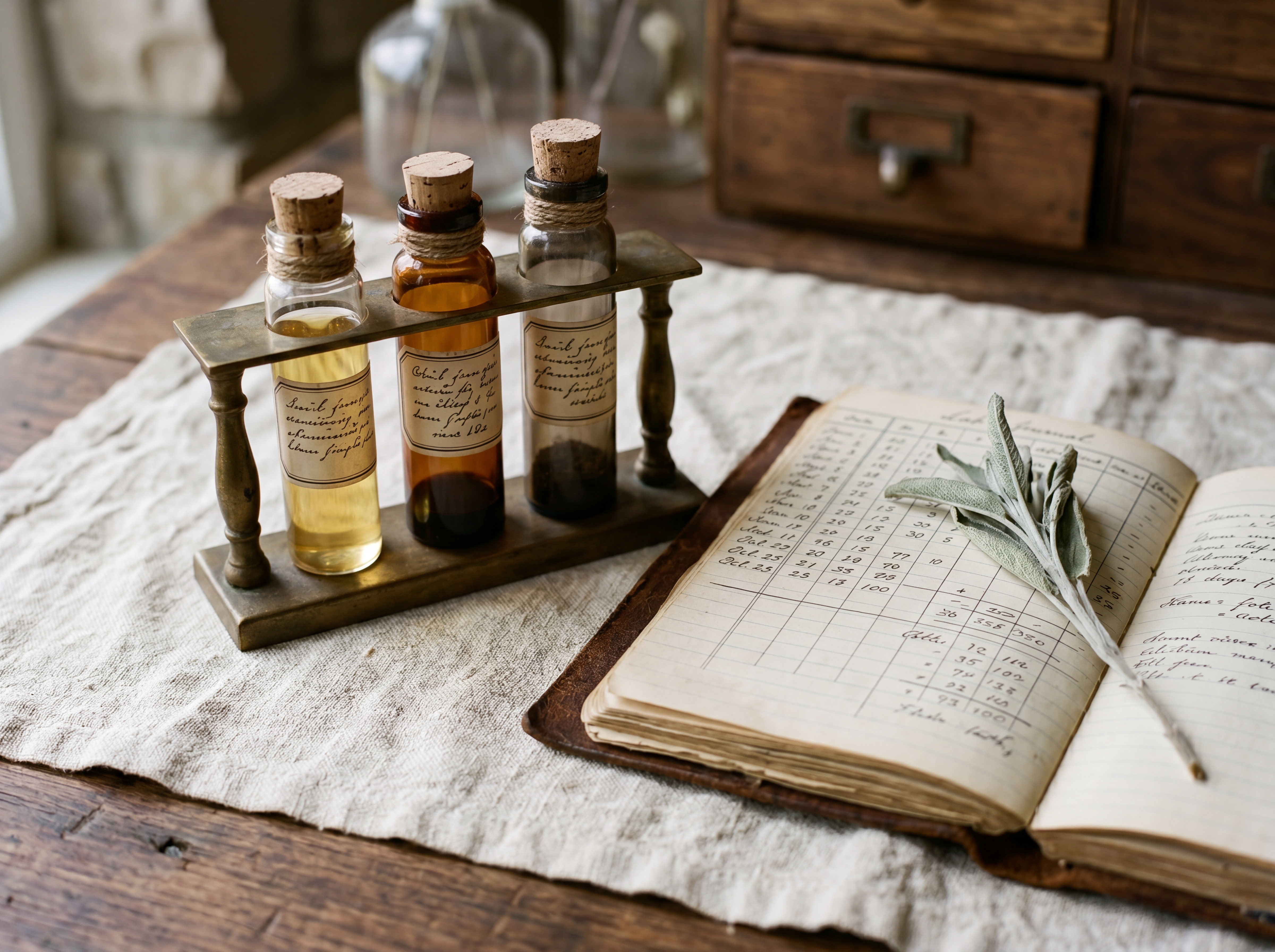 An antique brass test-tube rack holding three apothecary vials beside an open leather-bound lab journal and dried sage on cream linen — Aesura Health's longevity precision medicine practice in Hackensack, Bergen County NJ.