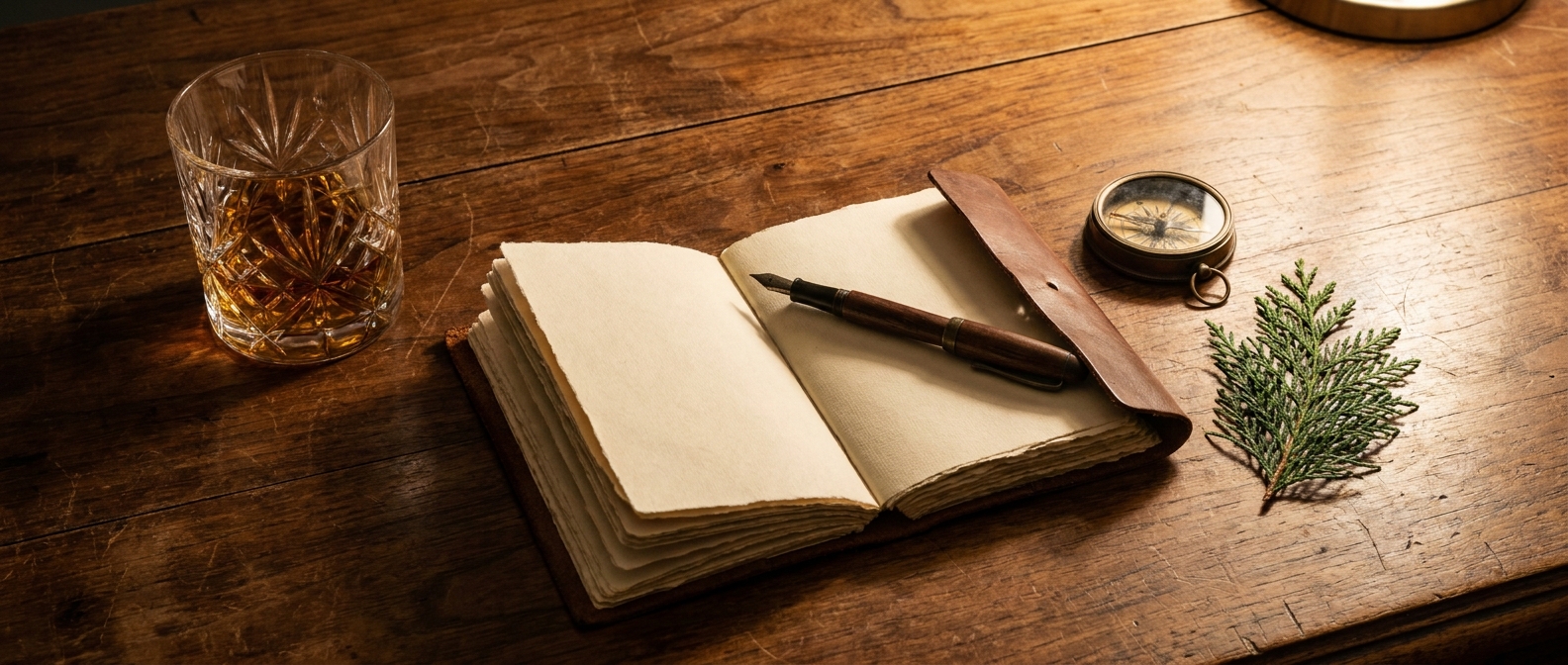 A walnut writing desk in late-evening lamp light with a crystal whisky tumbler, an open leather notebook with a fountain pen, a small brass compass, and a sprig of fresh cedar — the considered, long-arc work of testosterone optimization at Aesura.