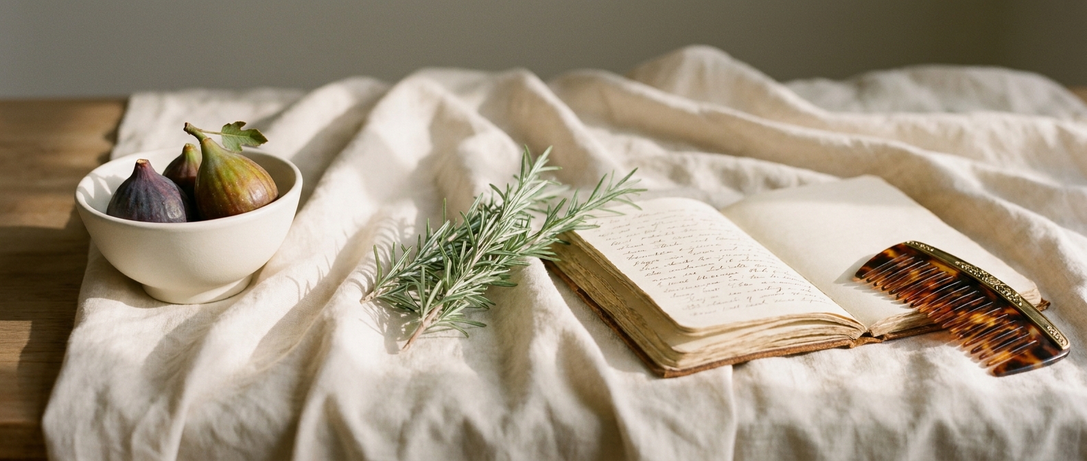 A pale linen drape, an ironstone bowl with two whole figs, a sprig of fresh rosemary, an open leather-bound journal with handwritten script, and a tortoiseshell hair comb in soft side light — Aesura's quiet, considered approach to bioidentical HRT for women.
