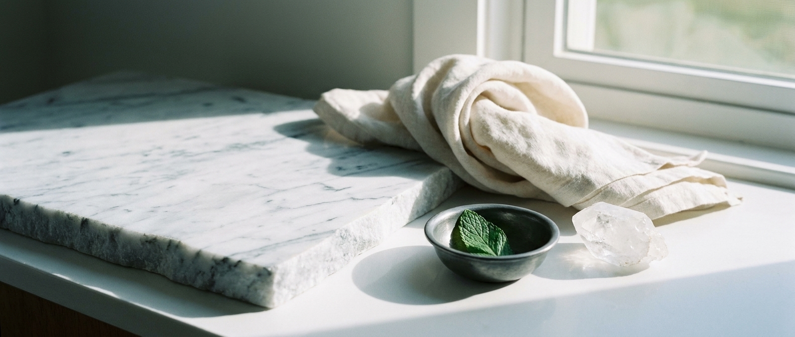 A raw-edge slab of pale Carrara marble, a coiled length of soft pale linen, and a pewter bowl with a fresh peppermint leaf and a chunk of clear quartz, lit by crisp morning light — Aesura Health's Cryoniq whole-body cryotherapy and contrast therapy at the Longevity Lounge in Hackensack, Bergen County NJ.