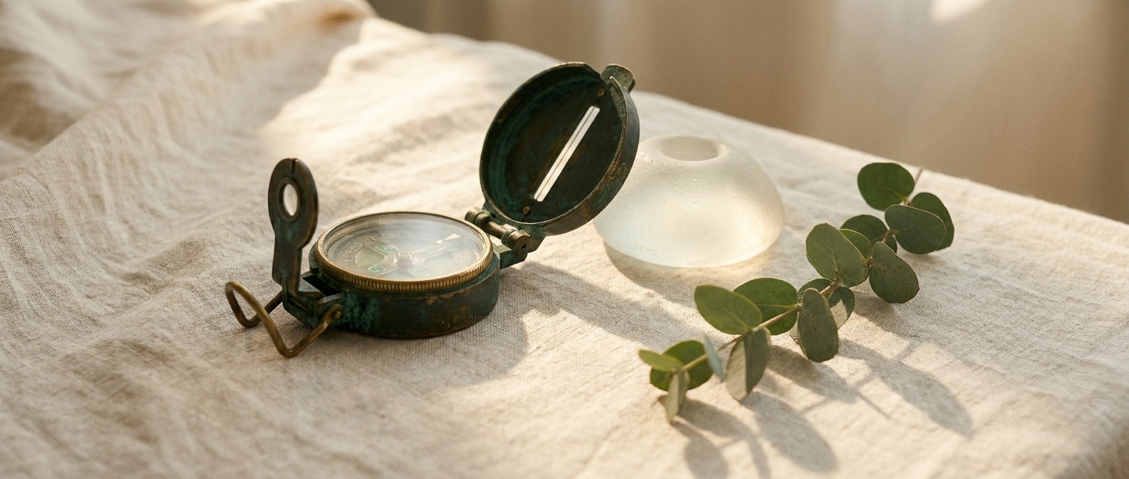 An aged oxidized bronze diving compass and a porthole-shaped piece of frosted beach glass on cream linen, with a sprig of fresh eucalyptus — Aesura Health's mild hyperbaric oxygen therapy at the Longevity Lounge in Hackensack, Bergen County NJ.