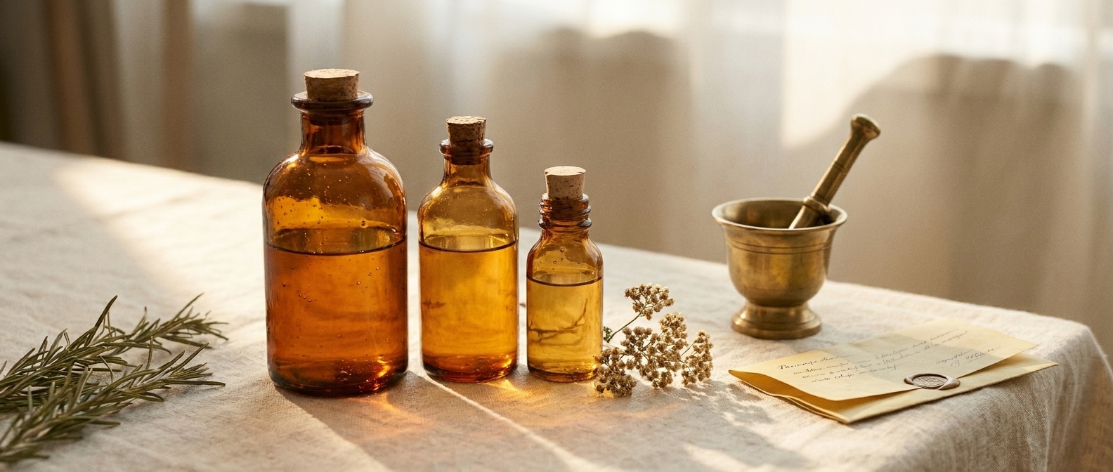 A row of three hand-blown amber-glass apothecary bottles of varying heights on cream linen with a polished brass mortar and pestle, a folded antique prescription card, and a dried sprig of yarrow in late-afternoon warm light — Aesura Health's physician-formulated NAD+, recovery, neuro, immune, and hydration IV infusion menu at the Longevity Lounge in Hackensack, Bergen County NJ.