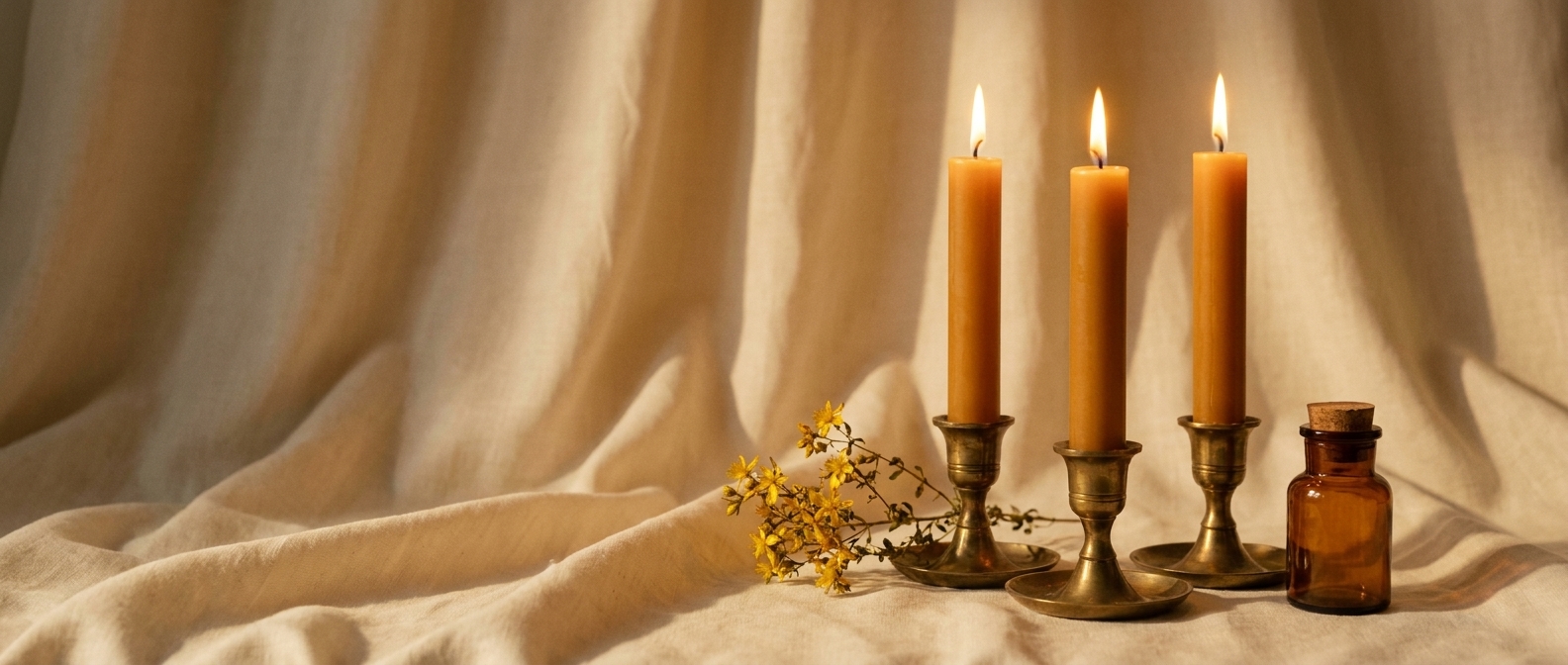 Three lit beeswax pillar candles in vintage brass holders on cream linen with a sprig of dried St. John's Wort and a small amber-glass apothecary jar — Aesura Health's clinical-grade red light photobiomodulation at the Longevity Lounge in Hackensack, Bergen County NJ.