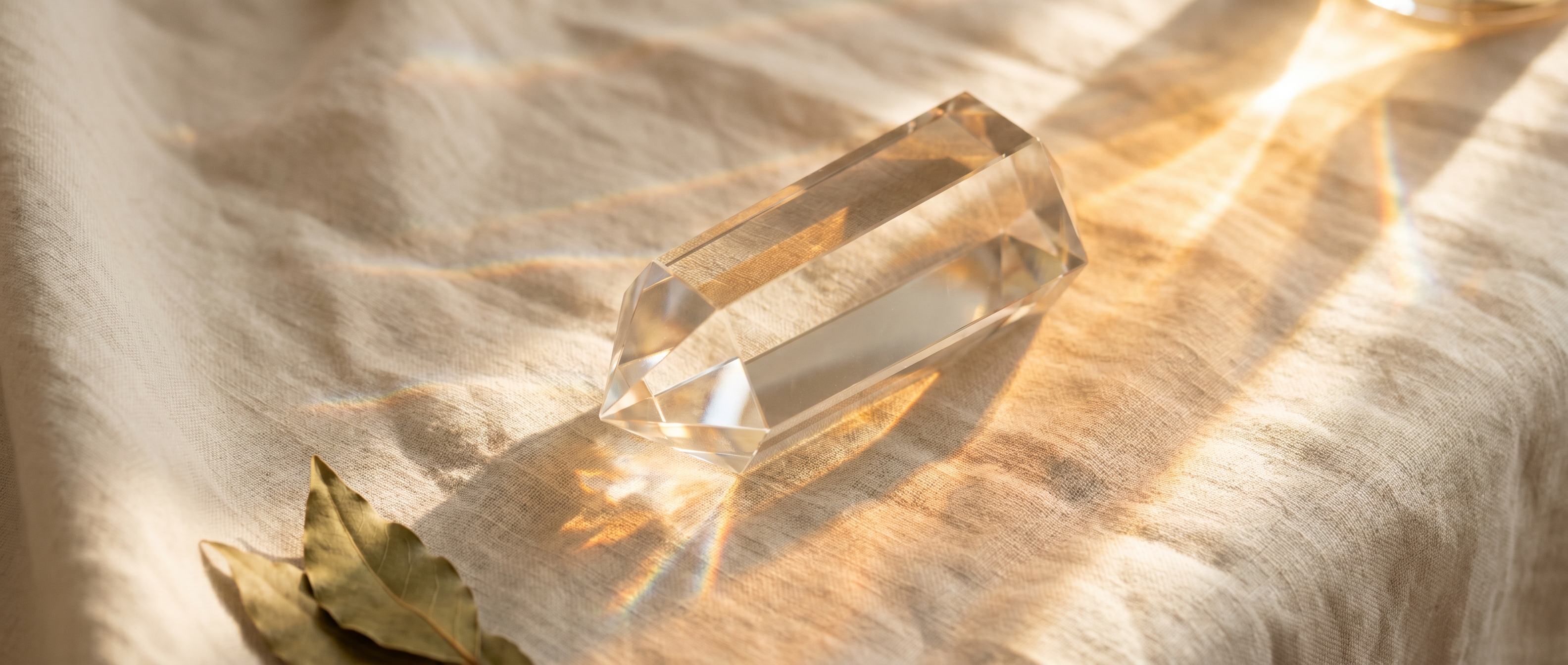 A faceted clear-crystal prism on cream linen refracting warm afternoon sunlight into golden caustic patterns and a soft spectrum, with a single dried bay laurel leaf nearby — Aesura Health's Fraxel fractional laser resurfacing in Hackensack, Bergen County NJ.