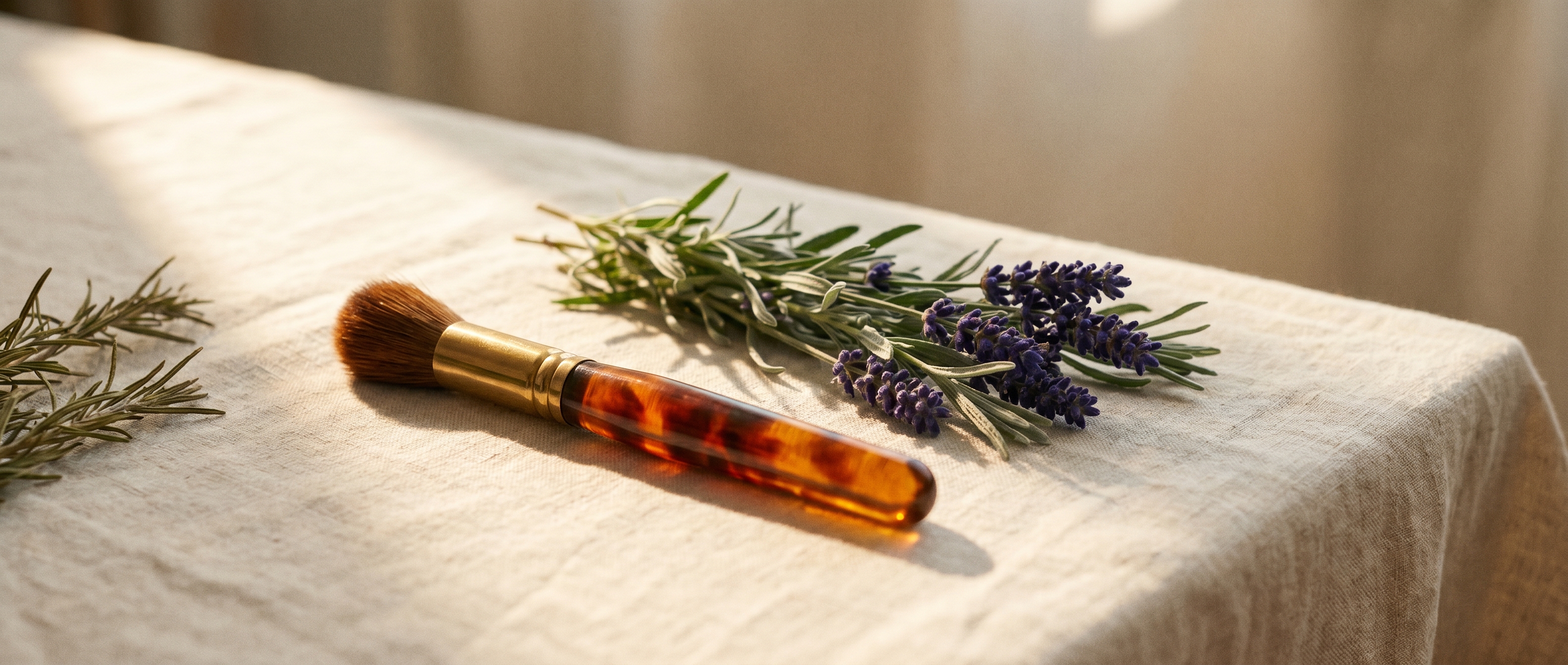 An antique tortoiseshell apothecary brush resting on cream linen beside a small bunch of fresh lavender stems and a sprig of dried rosemary — Aesura Health's PRP and PRF hair-restoration practice in Hackensack, Bergen County NJ.