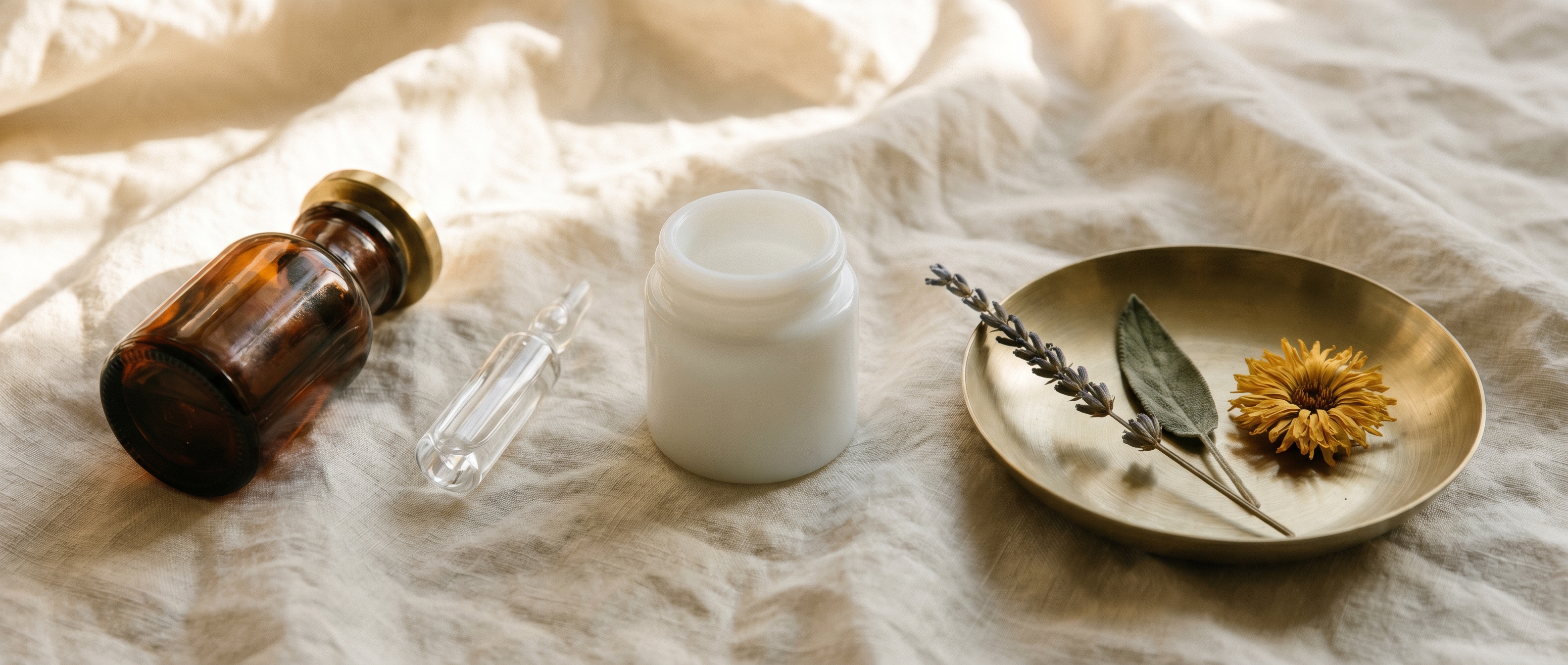 A curated apothecary still-life on cream linen — small amber bottle, opal-glass jar, clear ampoule, brushed-brass dish with dried lavender and calendula — at Aesura Health's medical spa in Hackensack, Bergen County NJ.