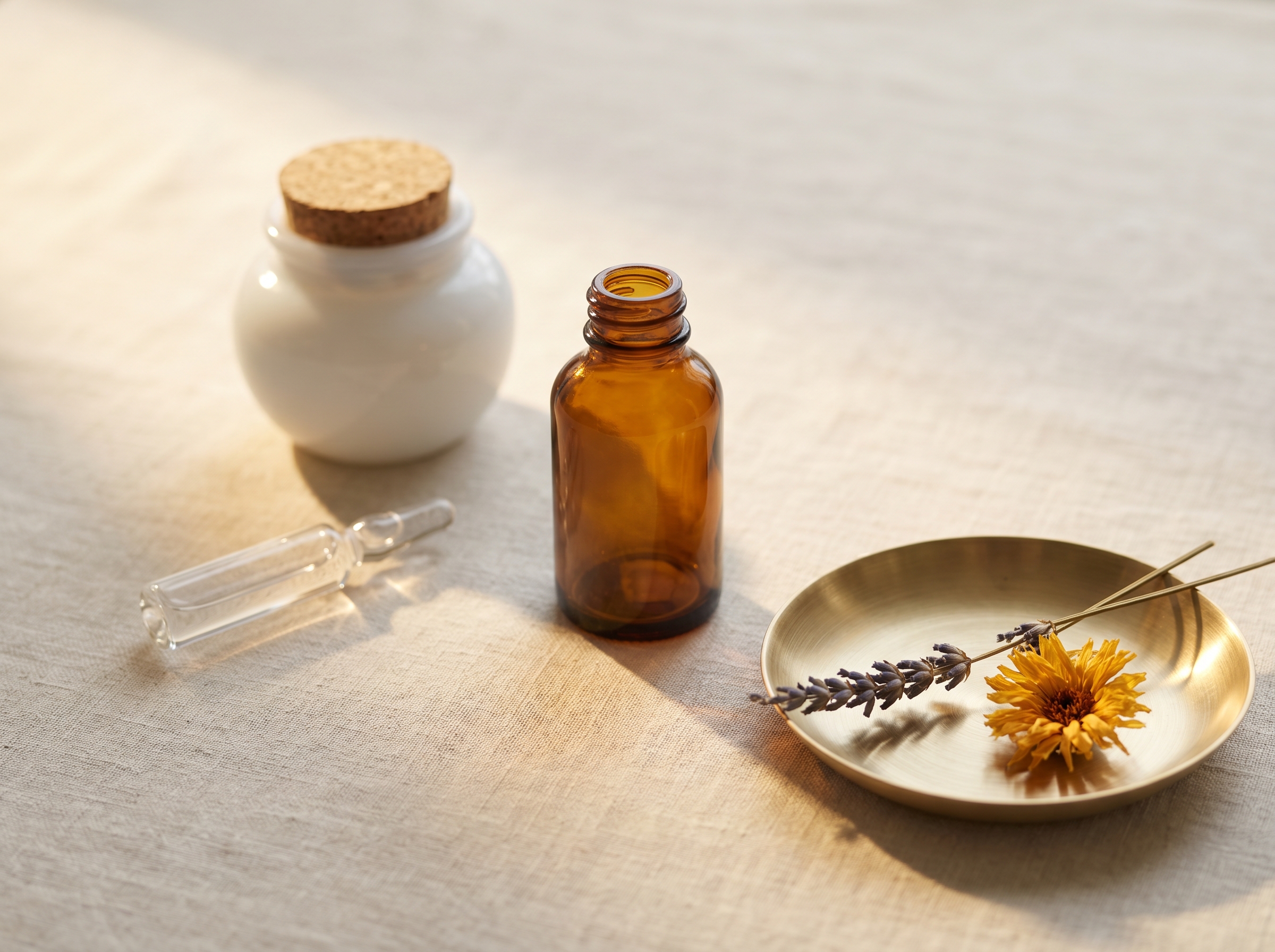 A curated apothecary tablescape on cream linen — small amber bottle, opal porcelain jar, clear glass ampoule, brushed-brass dish with dried lavender and calendula — Aesura Health's medical spa in Hackensack, Bergen County NJ.