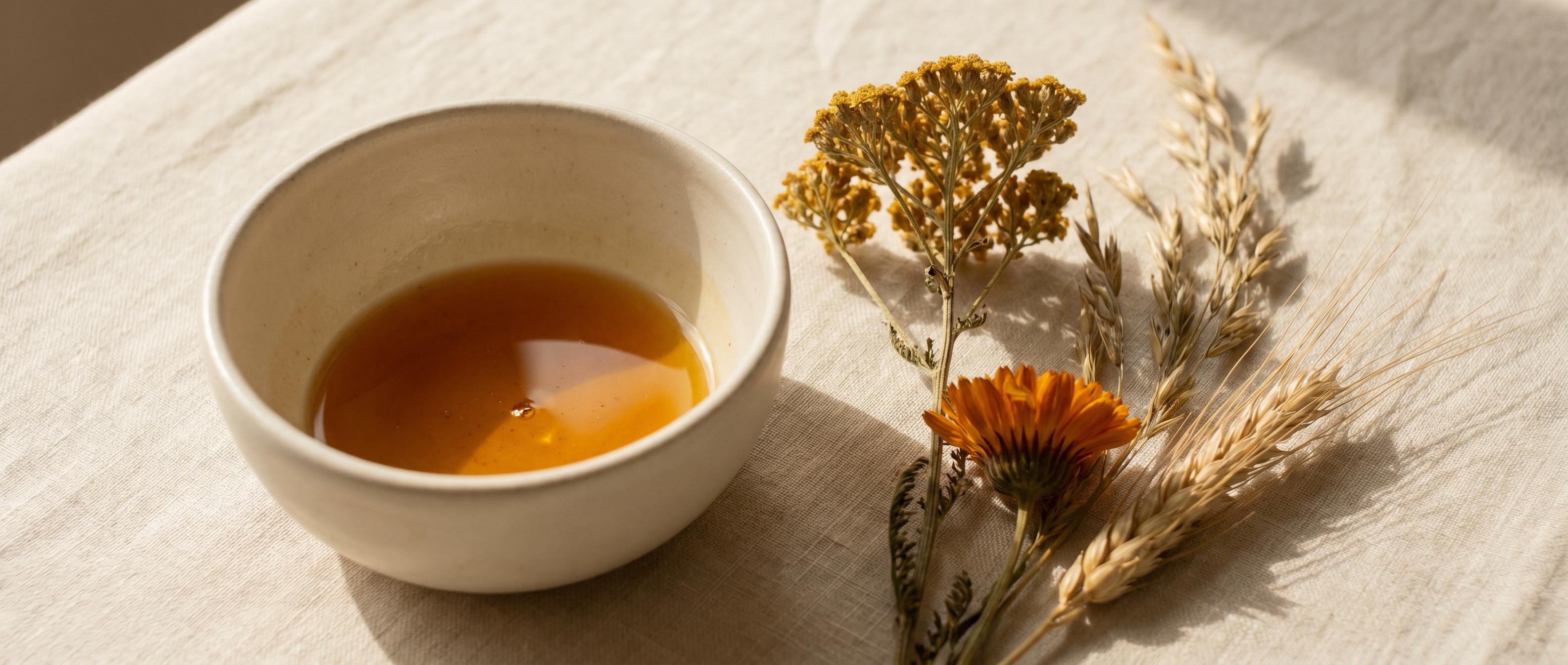 A small porcelain bowl holding a glistening pool of warm honey-amber serum on cream linen beside dried yarrow, a calendula bloom and dried wheat — Aesura Health's microneedling with platelet-rich plasma practice in Hackensack, Bergen County NJ.