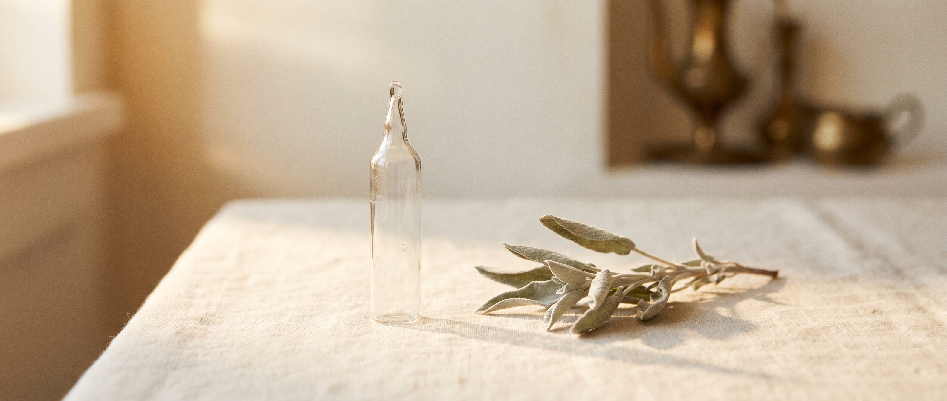 A single sealed clear-glass apothecary ampoule on cream linen beside a dried sage sprig — Aesura Health's physician-supervised neurotoxin (Jeuveau, Letybo) practice in Hackensack, Bergen County NJ.