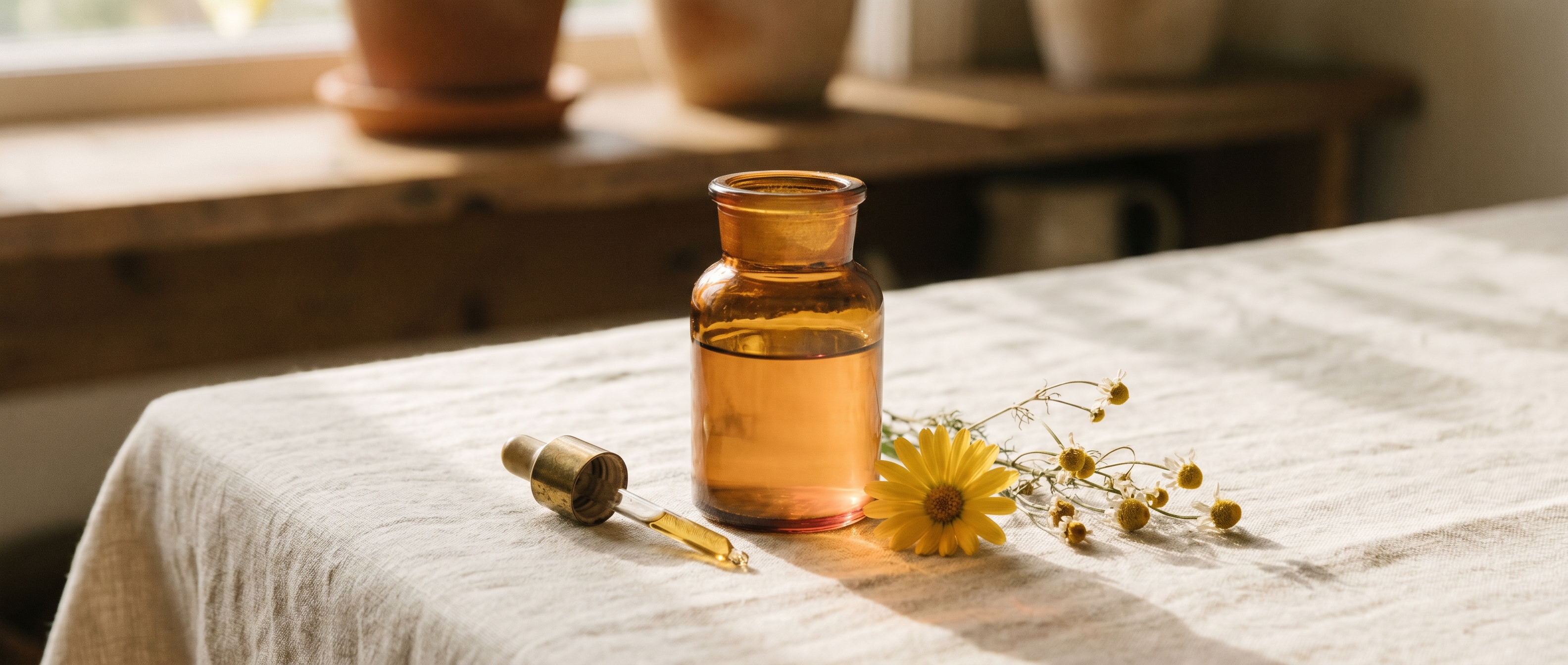 A small amber-glass apothecary jar holding a softly glowing golden serum on cream linen beside a tiny brass dropper, a fresh calendula bloom and dried chamomile — Aesura Health's PRP under-eye rejuvenation practice in Hackensack, Bergen County NJ.