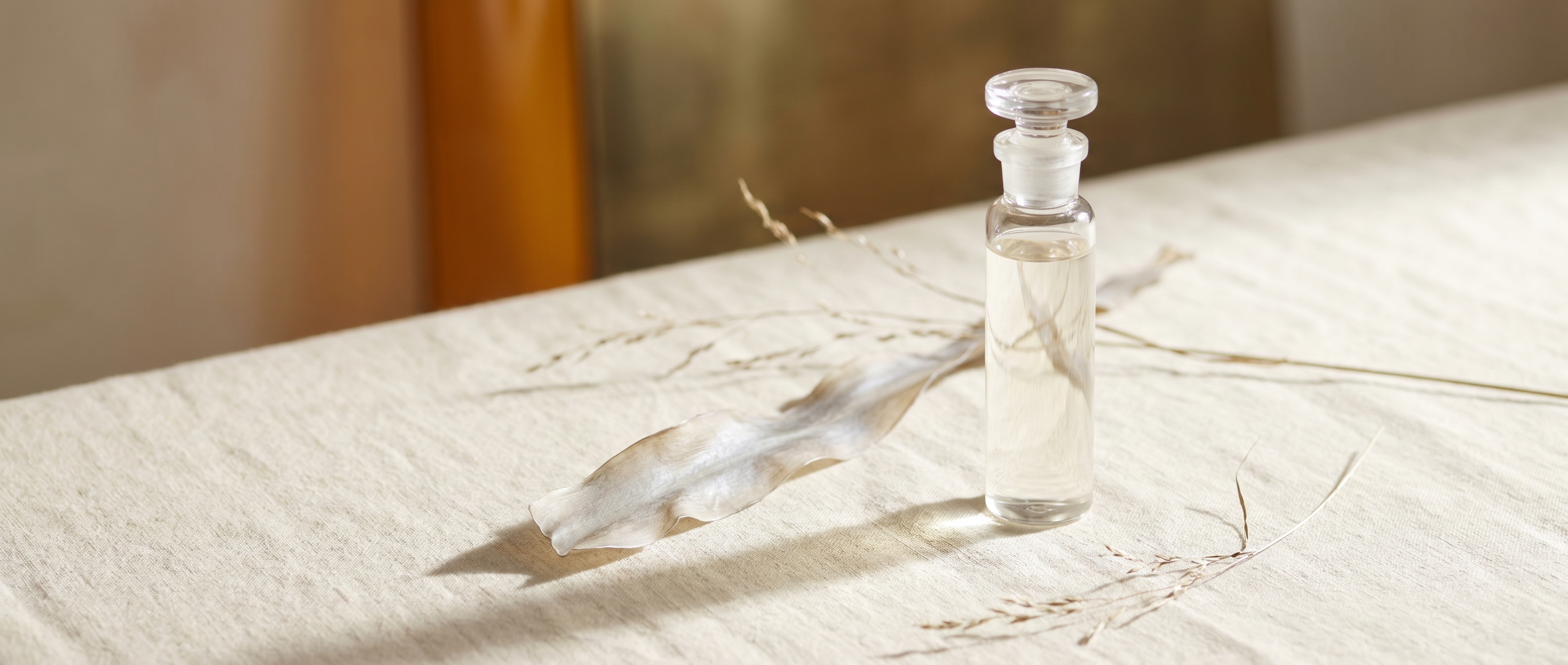 A slim hand-blown clear-glass apothecary vial of a perfectly clear topical polynucleotide solution on cream linen beside a delicate dried sea-leaf ribbon — Aesura Health's Rejuran microneedling practice in Hackensack, Bergen County NJ.