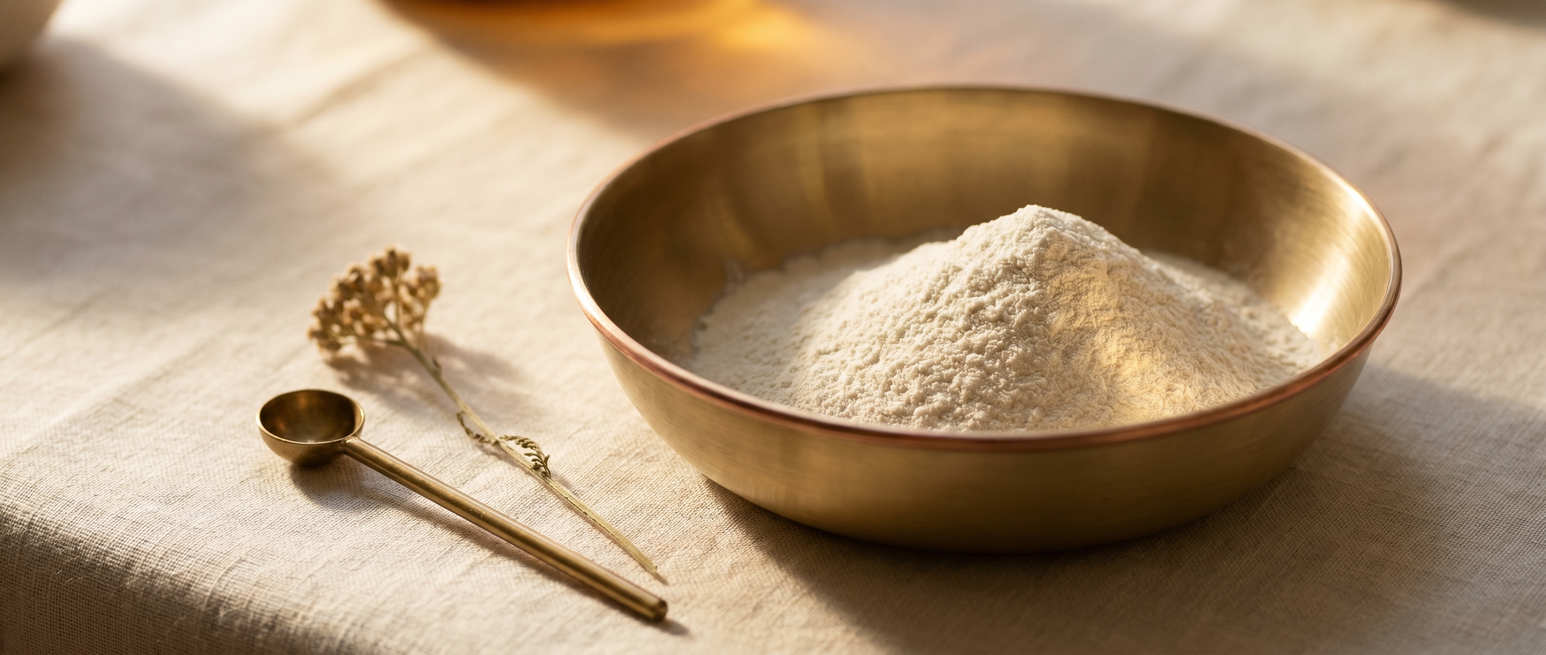 A small brushed-brass apothecary bowl with a soft mound of fine ivory-white powder beside a slim brass measuring spoon and a single dried wildflower stem on cream linen — Aesura Health's Sculptra (poly-L-lactic acid) biostimulator practice in Hackensack, Bergen County NJ.