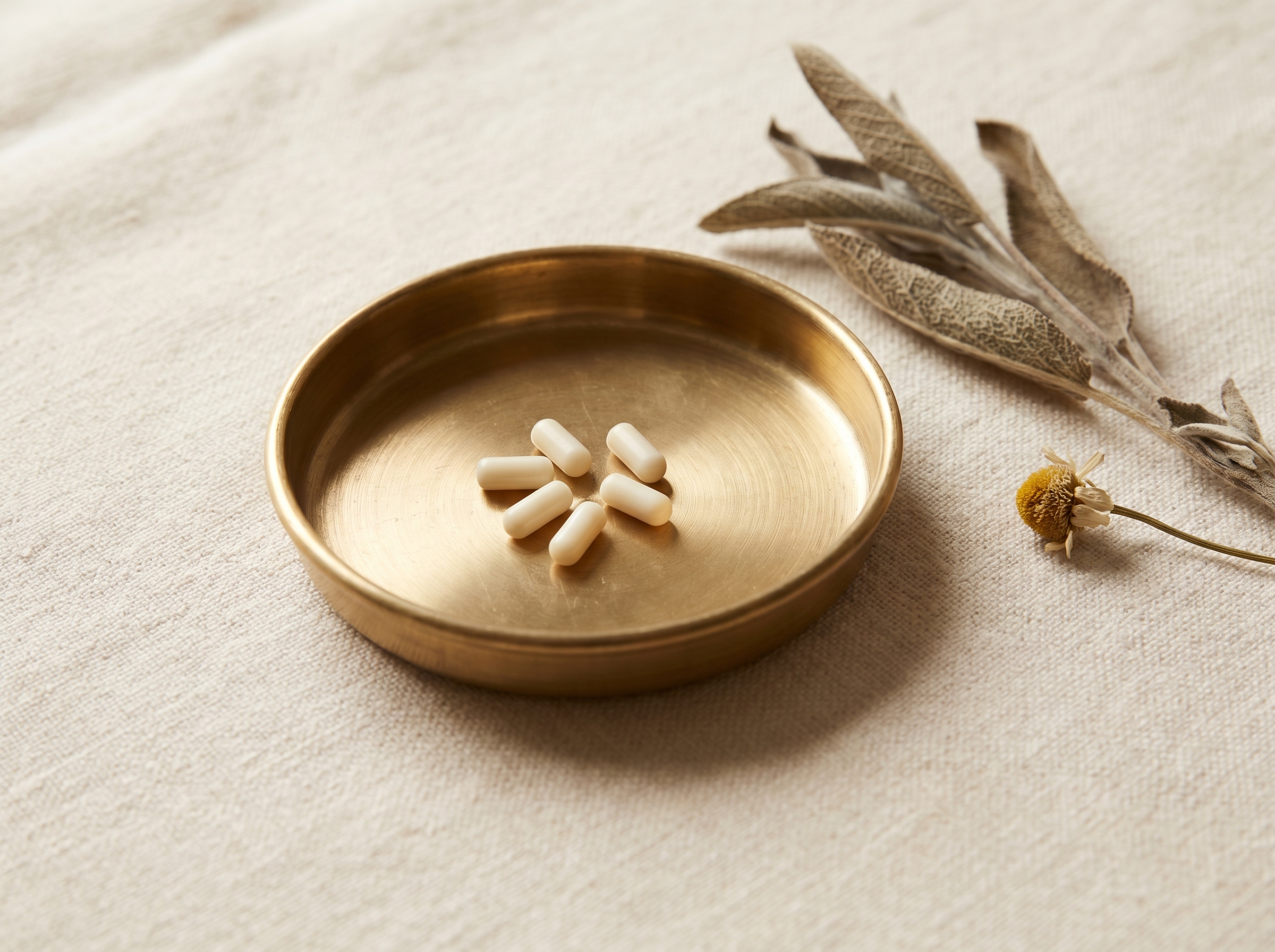 Editorial still-life evoking measured hormone replacement at Aesura Health.