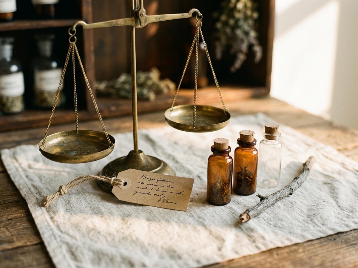 A vintage oxidized brass apothecary balance scale with a hemp-tied kraft-paper prescription tag, three small amber and clear glass vials, and a dried ironwood twig on cream linen — Aesura Health's Custom Formulation infusion in Hackensack, Bergen County NJ.