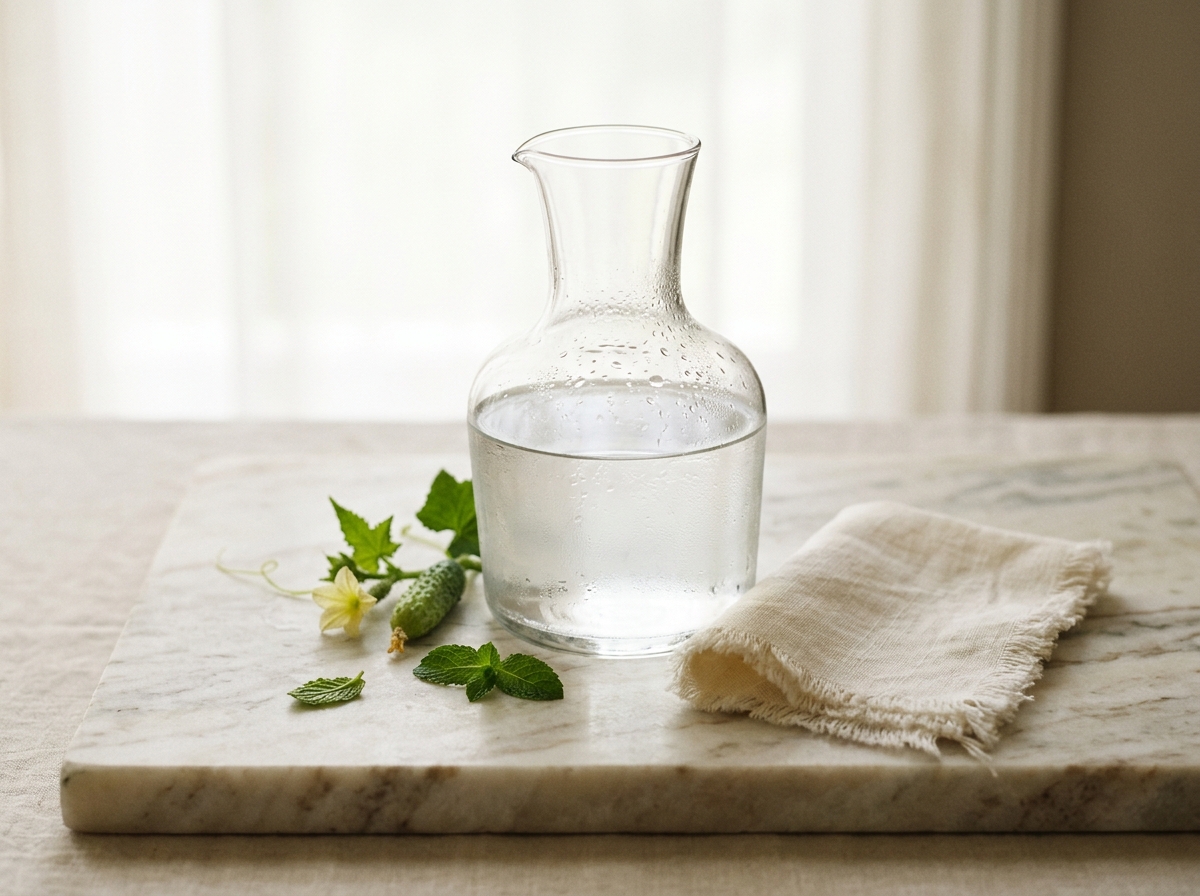A clear hand-blown glass carafe of cool water with condensation dewdrops on cream marble, beside a folded linen napkin and a sprig of cucumber-flower with mint — Aesura Health's Hydration and Beauty infusion in Hackensack, Bergen County NJ.