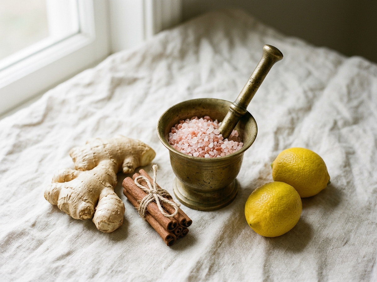 A knobbly fresh ginger root, a hemp-tied bundle of cinnamon sticks, two whole lemons, and an antique brass mortar of pink Himalayan salt on cream linen — Aesura Health's Immune Defense infusion in Hackensack, Bergen County NJ.