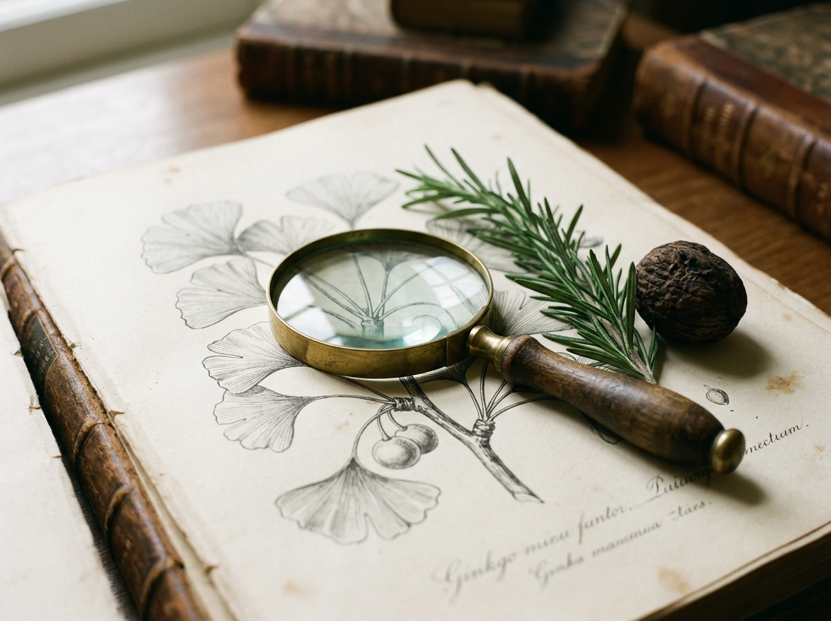 A vintage brass-rimmed magnifying glass resting on an open antique botanical illustration of a ginkgo branch beside a sprig of fresh rosemary and a whole walnut — Aesura Health's Neuro Restore cognitive infusion in Hackensack, Bergen County NJ.