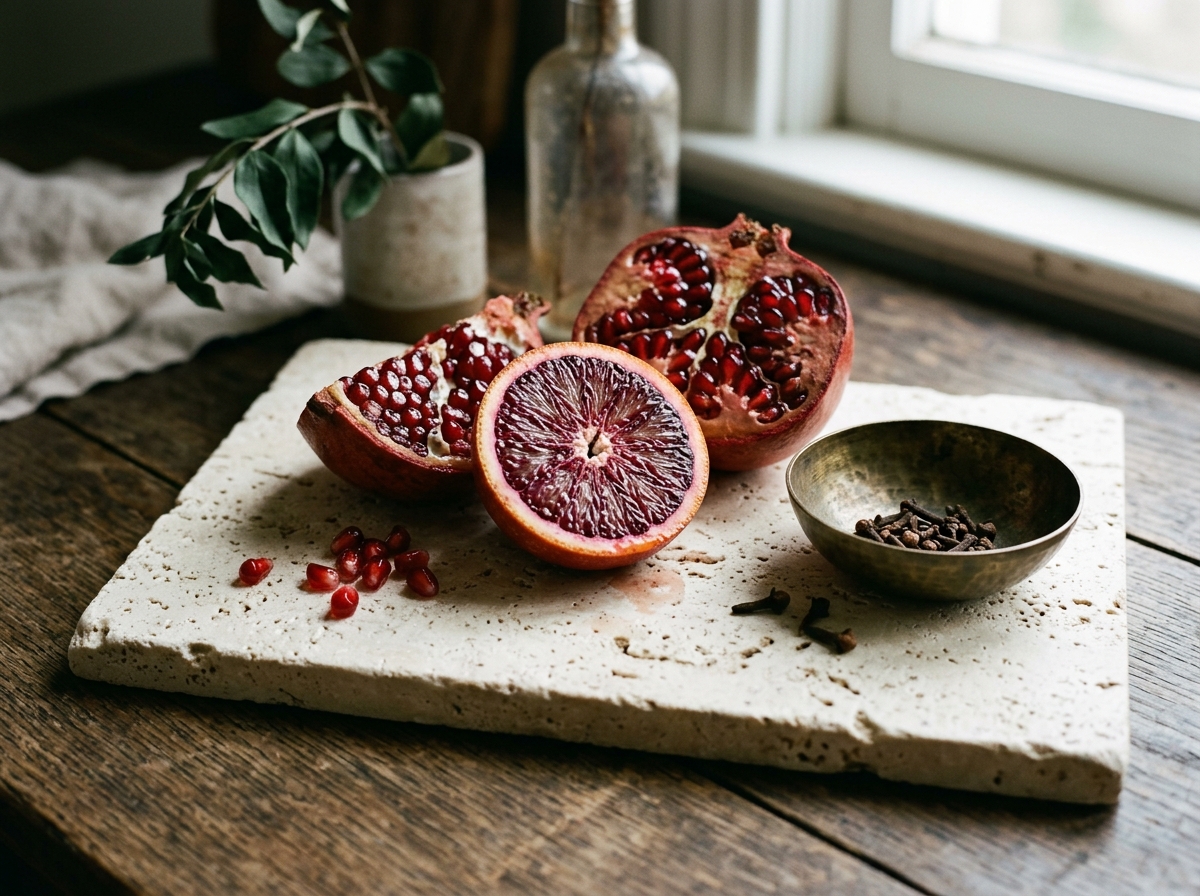 A halved blood orange and broken pomegranate revealing garnet seeds, arranged on a cream stone slab with a small antique brass bowl of clove buds — Aesura Health's high-dose antioxidant Oxidative Recovery infusion in Hackensack, Bergen County NJ.