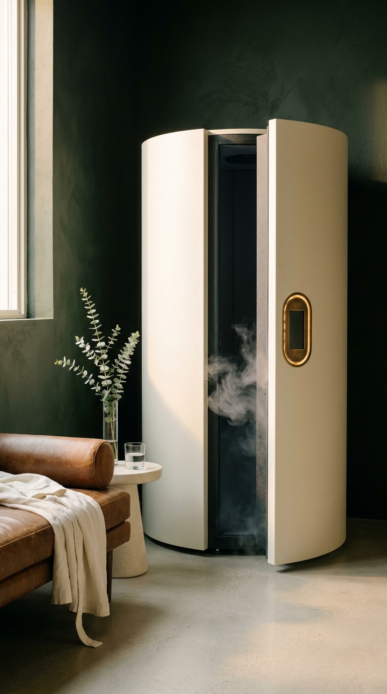 Cryotherapy chamber with subtle vapor, brass porthole, eucalyptus and a vintage leather chaise in a forest-green recovery room — the Longevity Lounge at Aesura Health