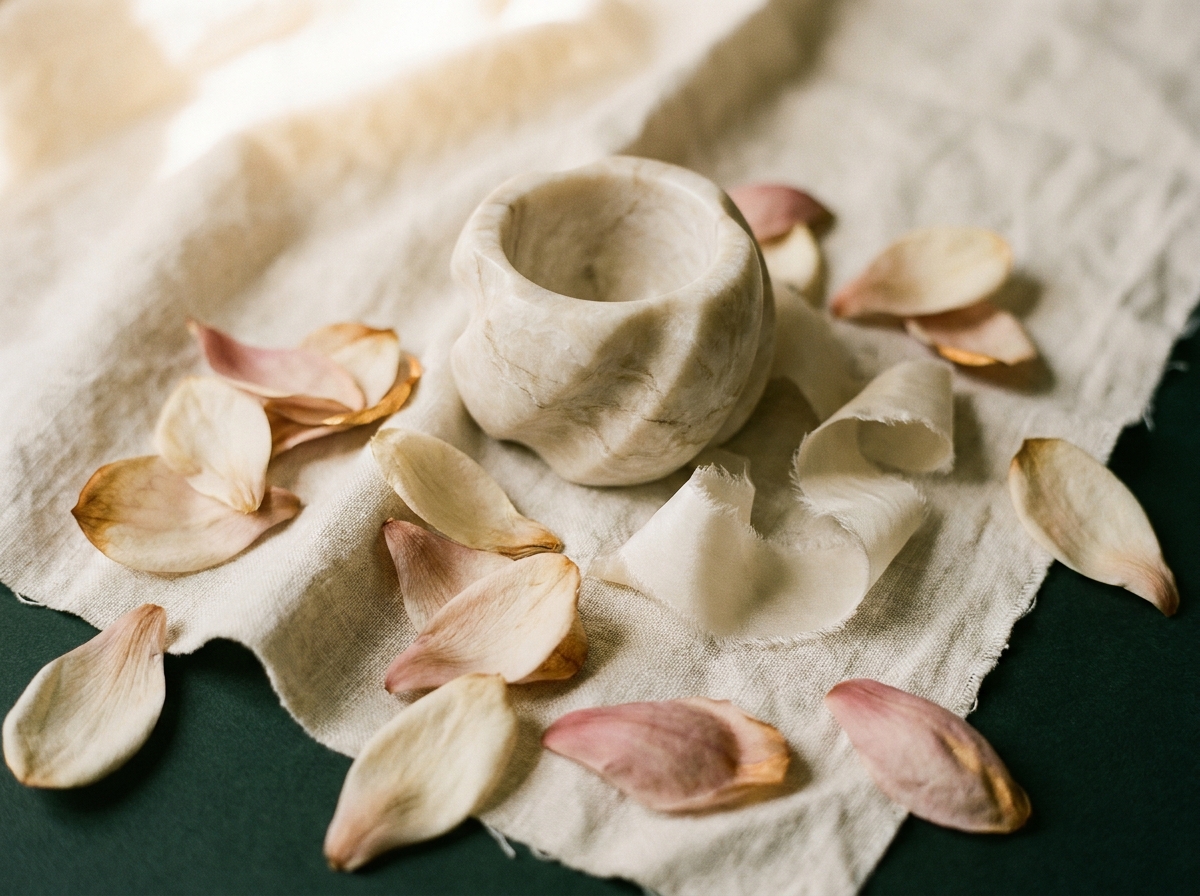 A folded silk ribbon with a marble vessel and a magnolia petal on cream linen — med spa and aesthetics at Aesura Health
