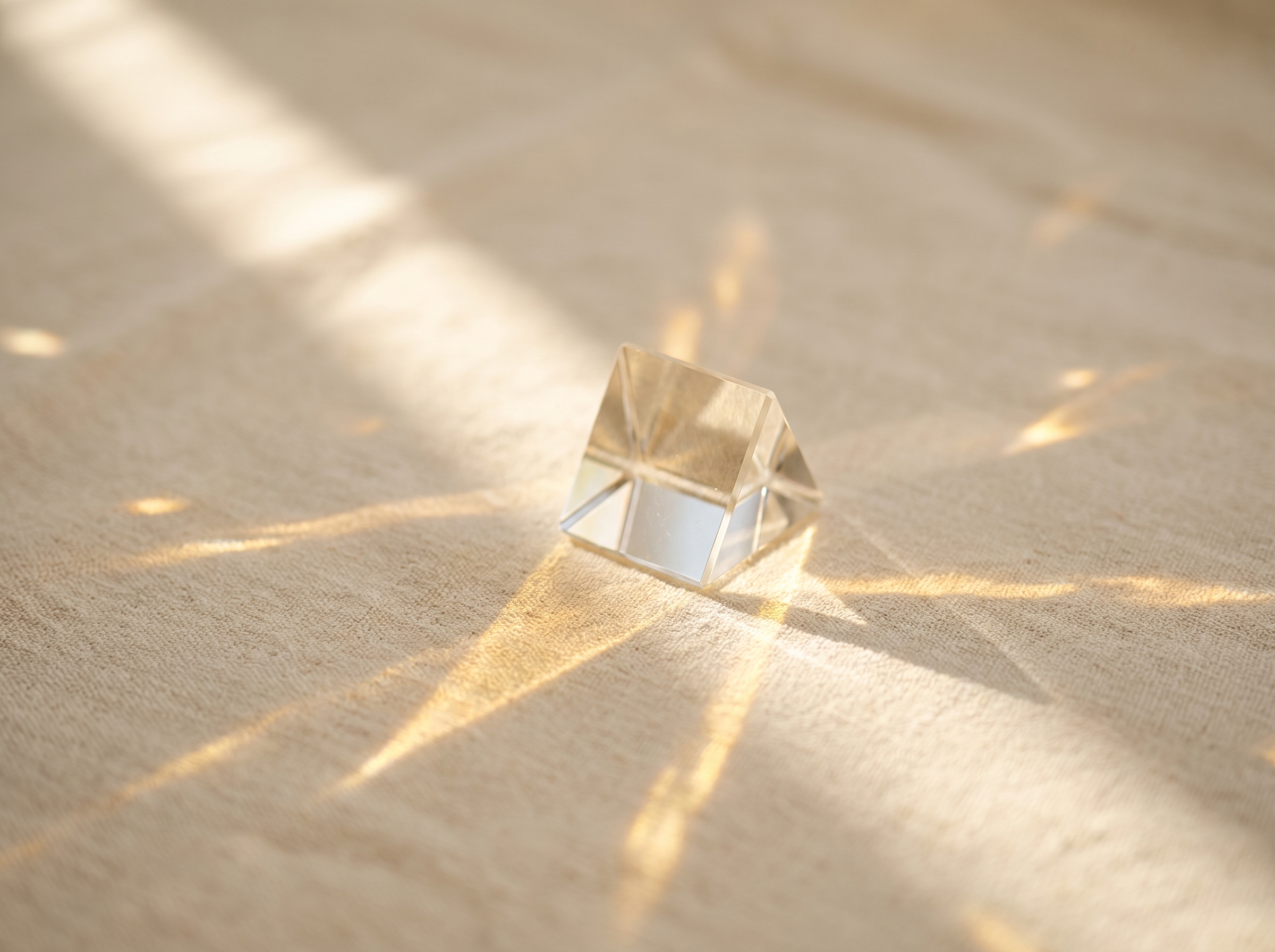 A faceted crystal prism casting golden caustic light patterns across cream linen — Fraxel fractional laser resurfacing at Aesura Health
