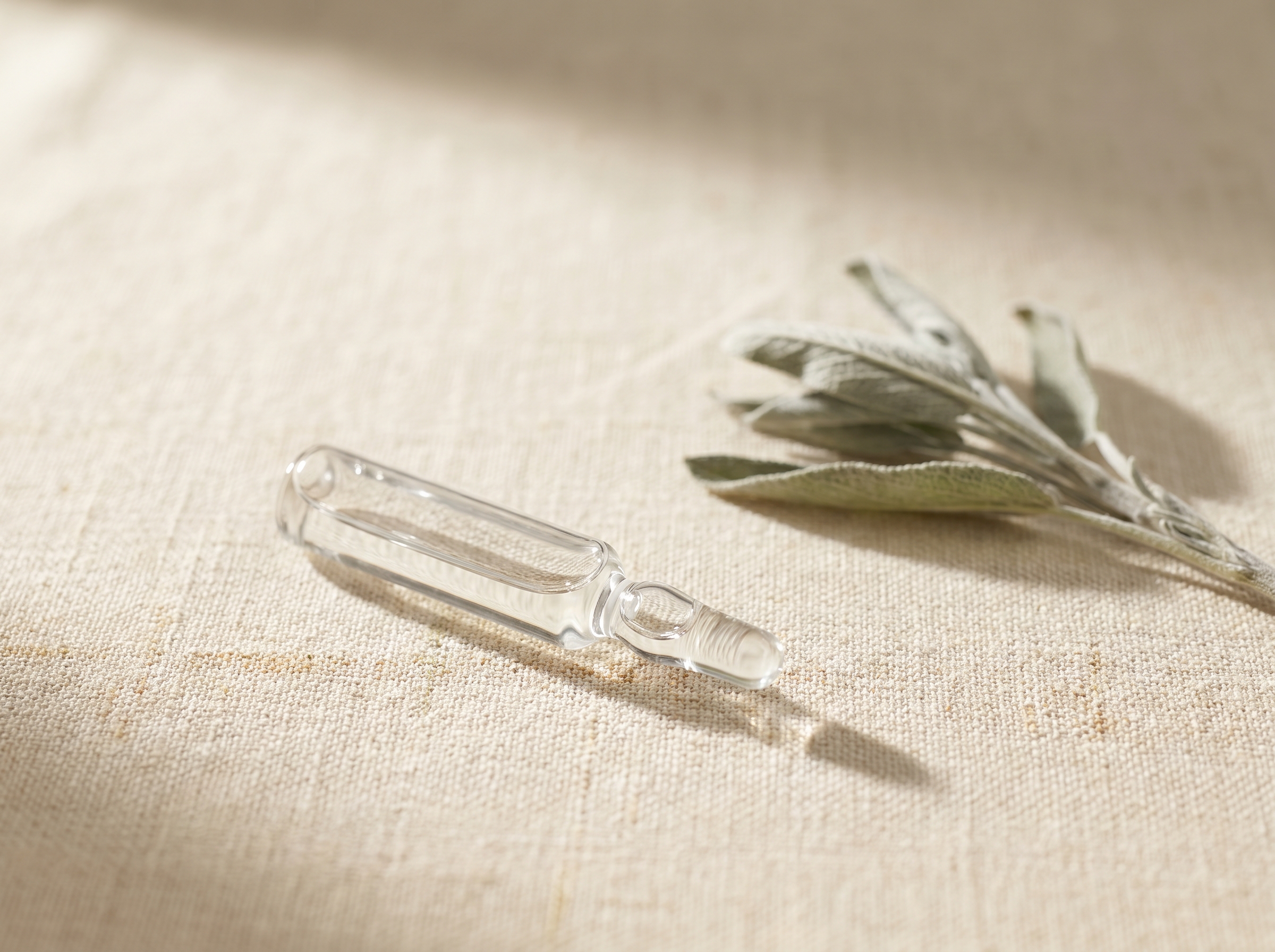 A sealed clear-glass apothecary ampoule with a sprig of dried sage on cream linen — neurotoxin treatments at Aesura Health