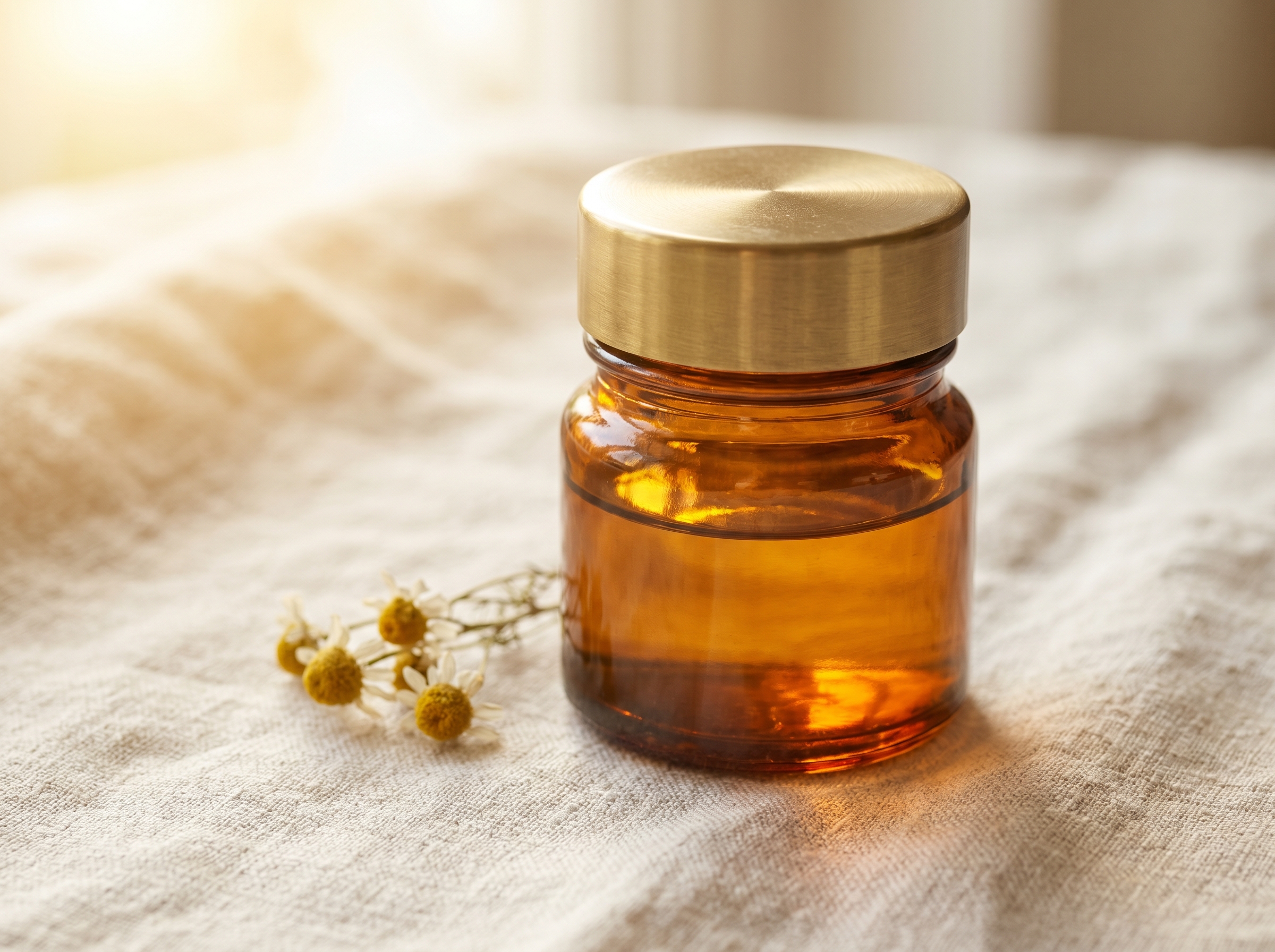 A small amber-glass apothecary jar with golden serum and dried chamomile on cream linen — PRP under-eye rejuvenation at Aesura Health