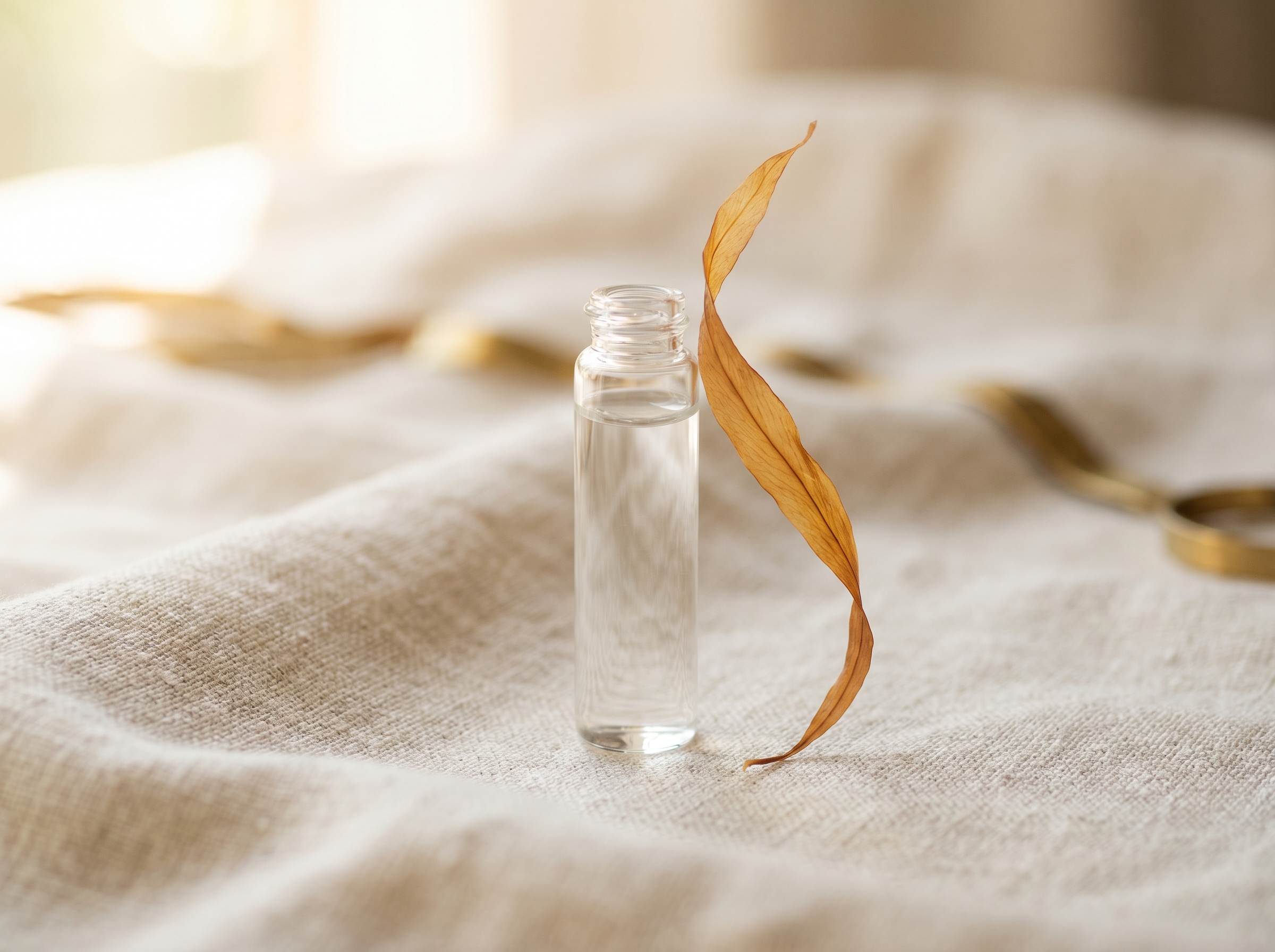 A slim glass vial of crystal-clear liquid beside a delicate dried sea-leaf on cream linen — Rejuran polynucleotide therapy at Aesura Health