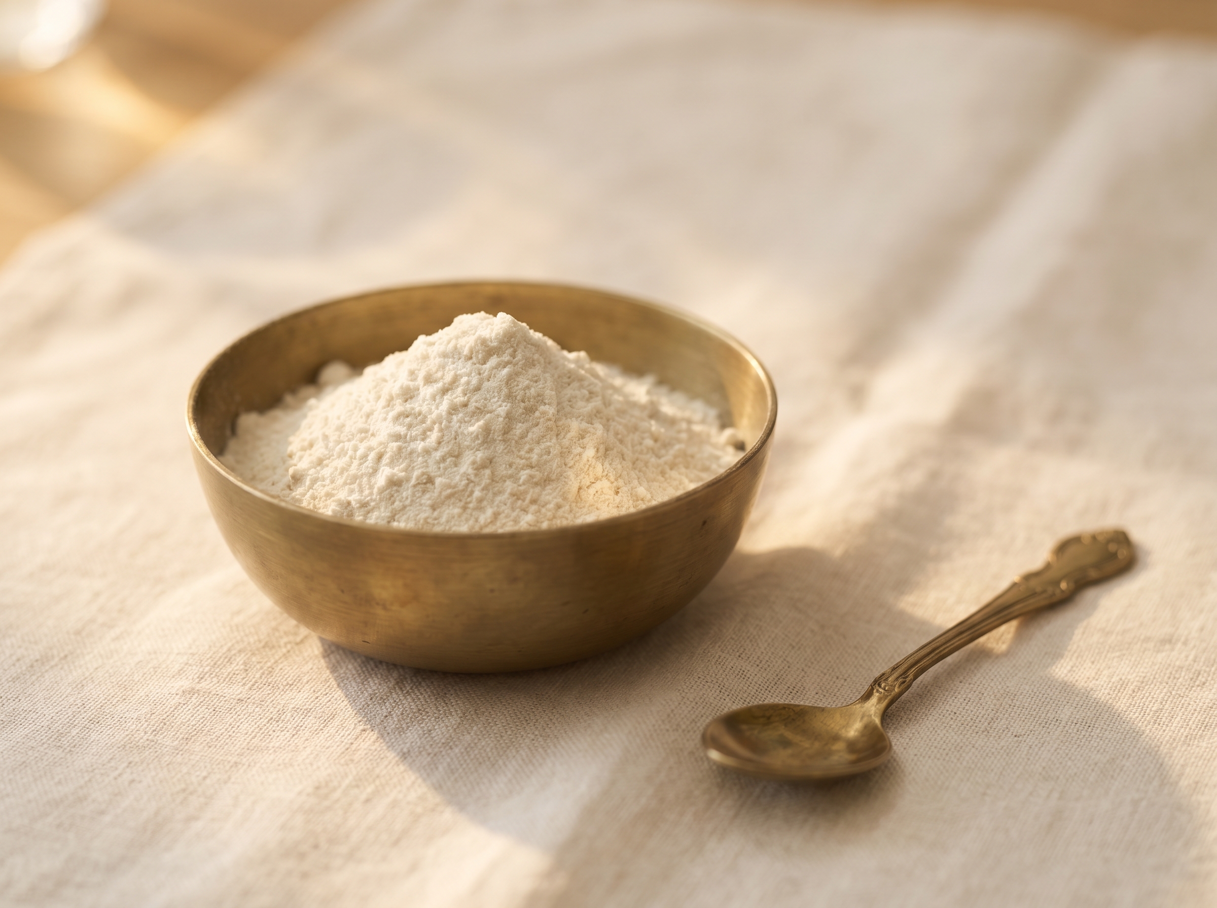 A brushed-brass apothecary bowl with fine cream-white powder and a small brass spoon on cream linen — Sculptra at Aesura Health