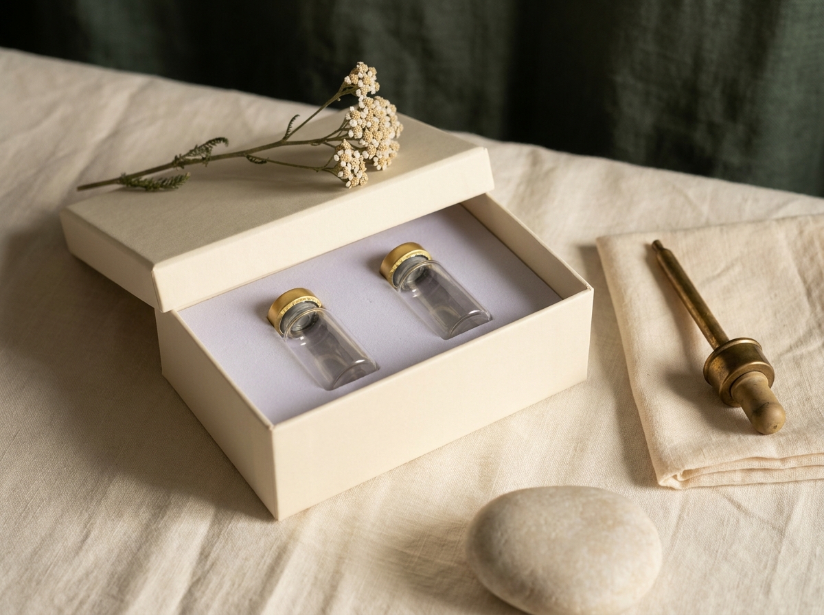 A soft cream cardboard at-home Galleri-style multi-cancer screening kit, slim lid lifted to show two glass blood-collection vials in lavender-foam, beside a sprig of dried yarrow on cream linen — Aesura Health's coordination of GRAIL's Galleri test in Hackensack, Bergen County NJ.