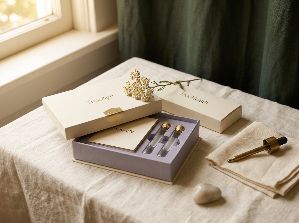 A naturalistic still-life of a TruDiagnostic TrueAge / TrueHealth at-home methylation collection kit on cream linen with a brass dropper and dried sprig — Aesura Health's biological age testing in Hackensack, Bergen County NJ.
