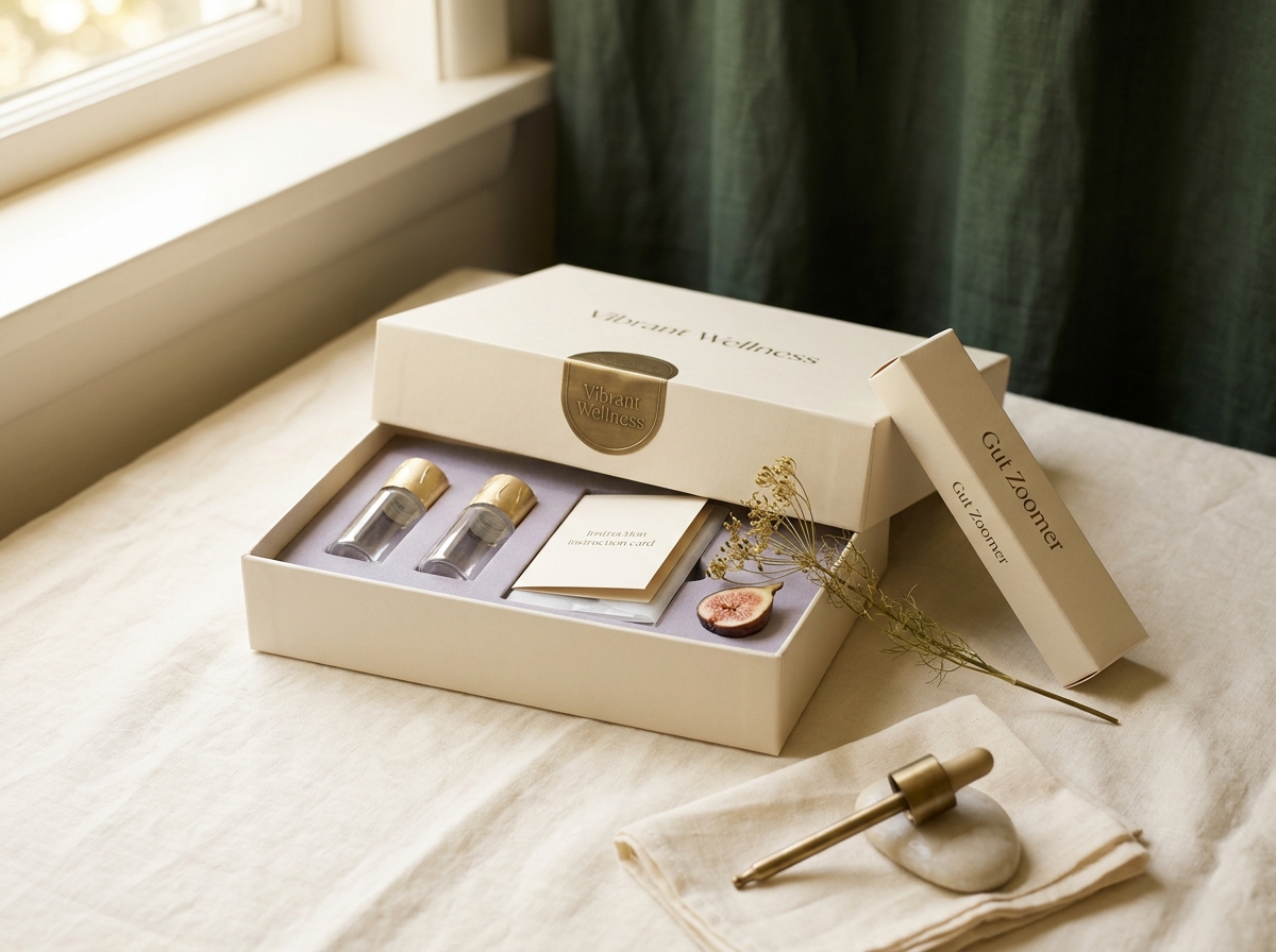 A soft cream cardboard Vibrant Wellness functional medicine collection kit, slim lid lifted to show two glass vials in lavender-foam, a Gut Zoomer sleeve beside it, with dried fennel and a half-fig on cream linen — Aesura Health's Vibrant Wellness functional testing in Hackensack, Bergen County NJ.