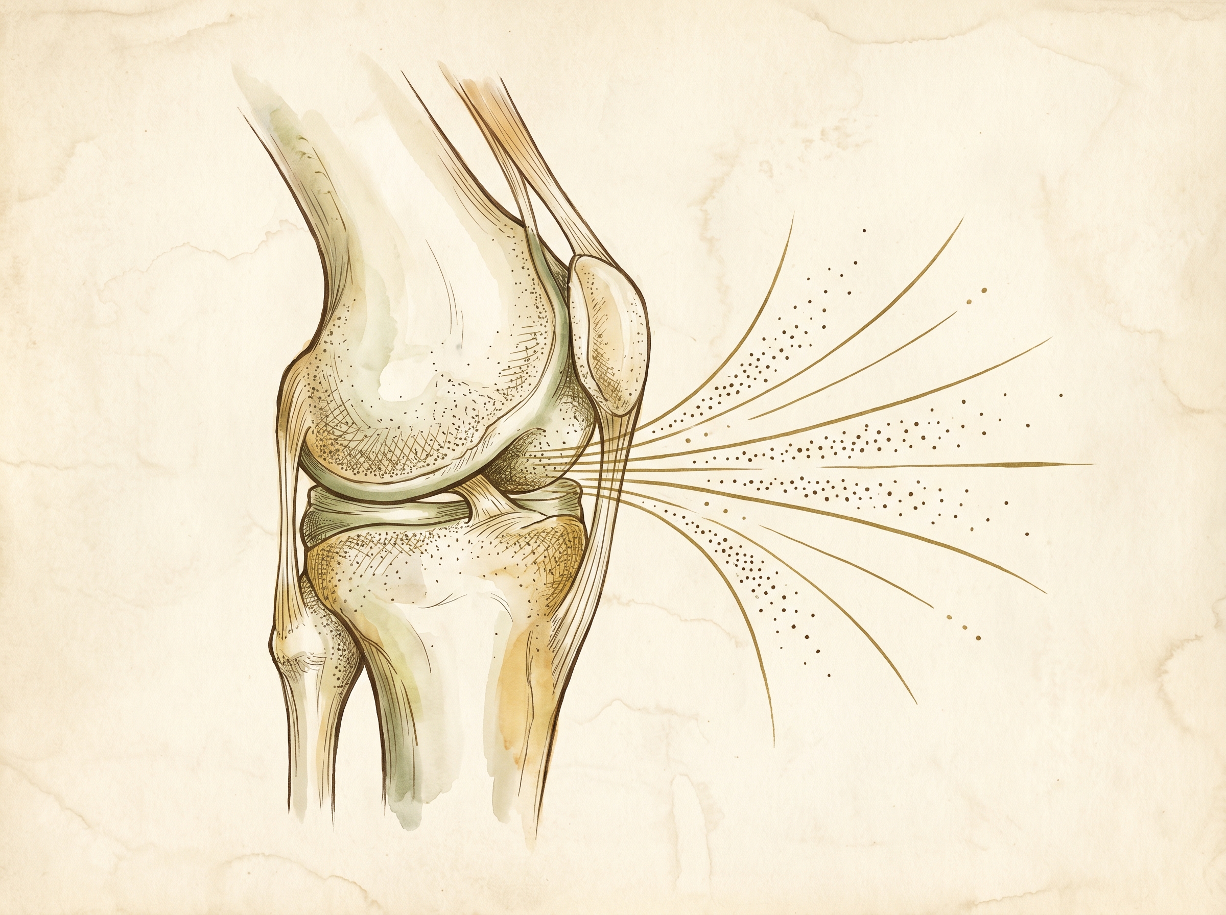 Vintage Wellcome Collection-style anatomical illustration of a knee joint in sepia and brass on cream parchment, with delicate brass-gold radial signals suggesting regenerative cellular activity — regenerative orthopedics at Aesura Health