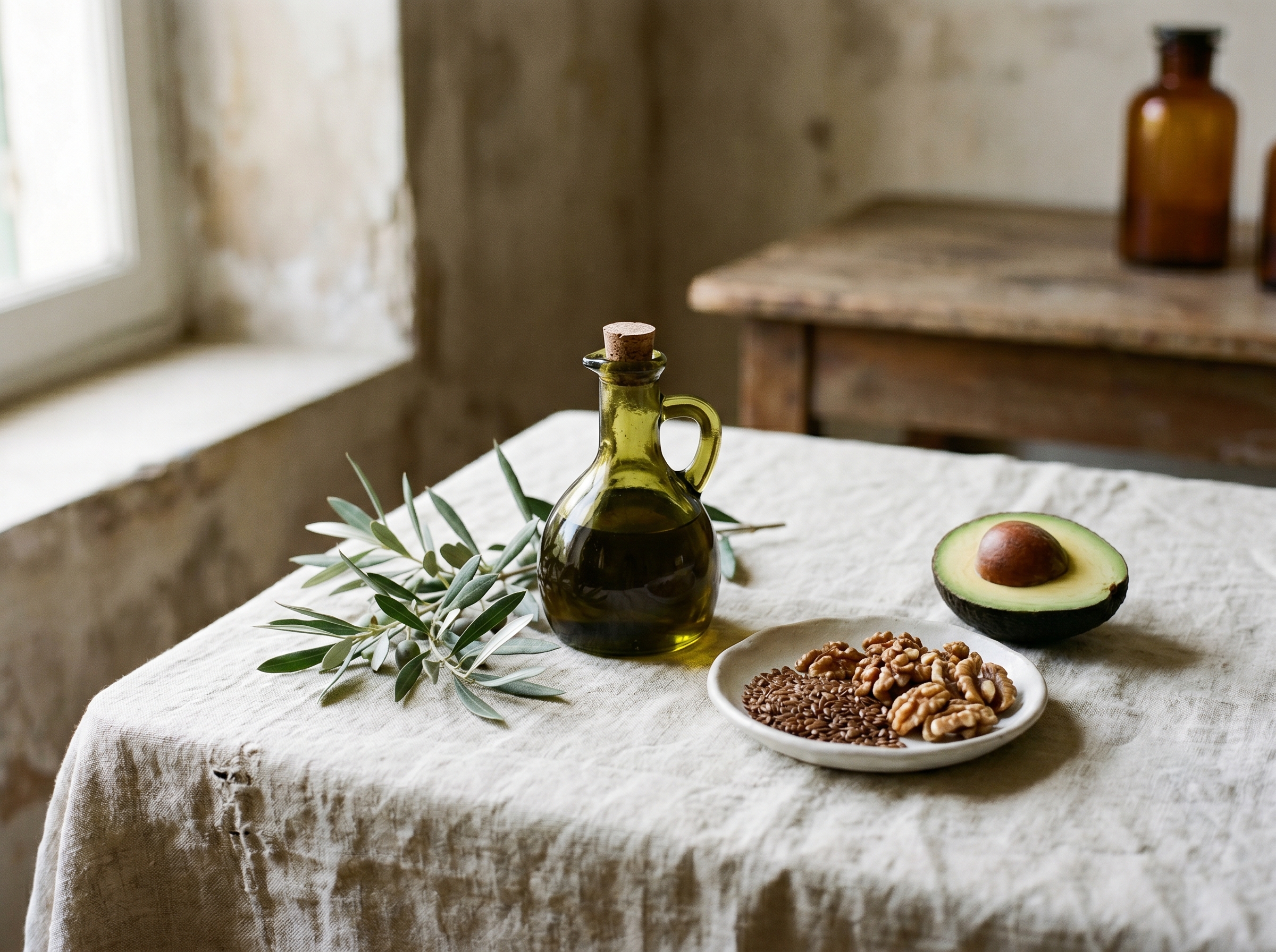 An olive oil cruet, walnuts and halved avocado on cream linen — Aesura Health's Cardiometabolic Advanced Lipid panel in Hackensack, Bergen County NJ.
