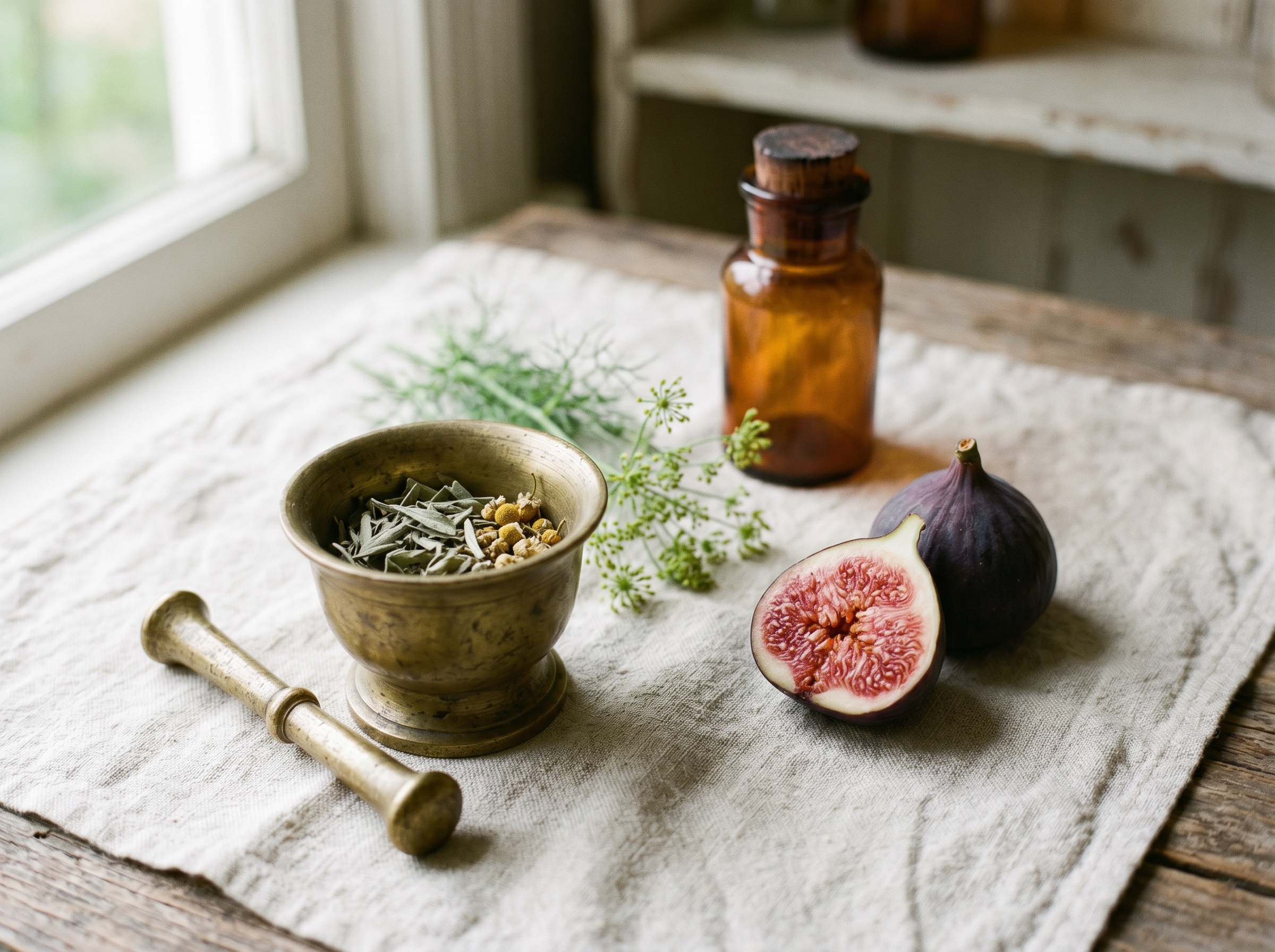 A brass mortar of green tea leaves, sliced fig, and fennel sprigs on cream linen — Aesura Health's Gut Zoomer microbiome panel through Vibrant Wellness in Hackensack, Bergen County NJ.