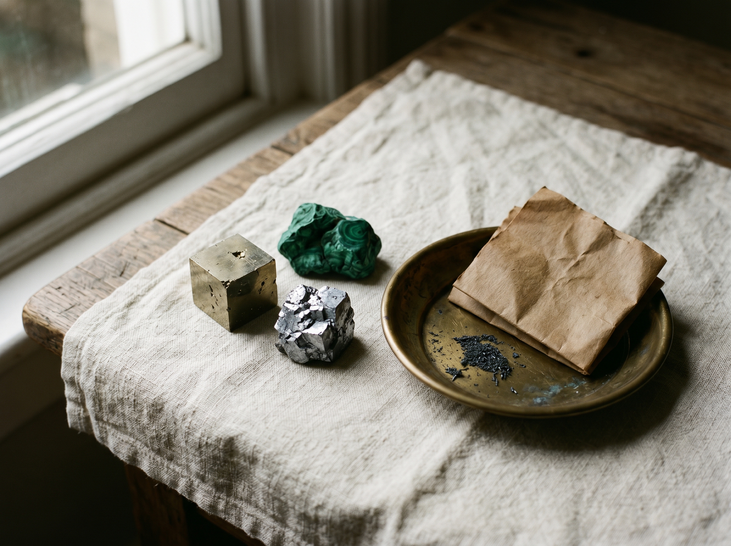 Polished pyrite, galena and malachite mineral specimens with a brass dish on cream linen — Aesura Health's Heavy Metals panel through Vibrant Wellness in Hackensack, Bergen County NJ.