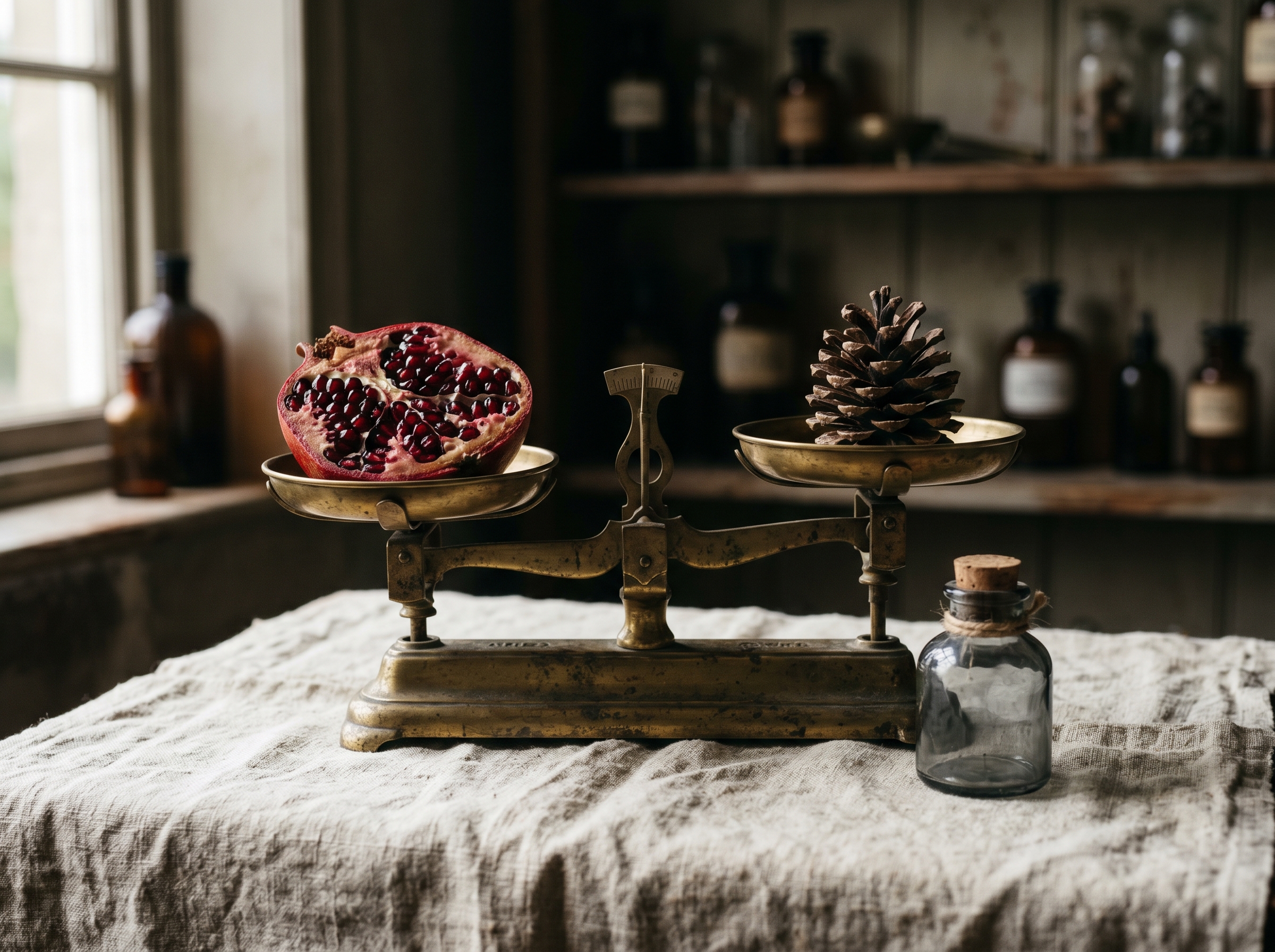An antique brass apothecary balance with halved pomegranate and pinecone on cream linen — Aesura Health's Hormone Metabolomics panel through Vibrant Wellness in Hackensack, Bergen County NJ.