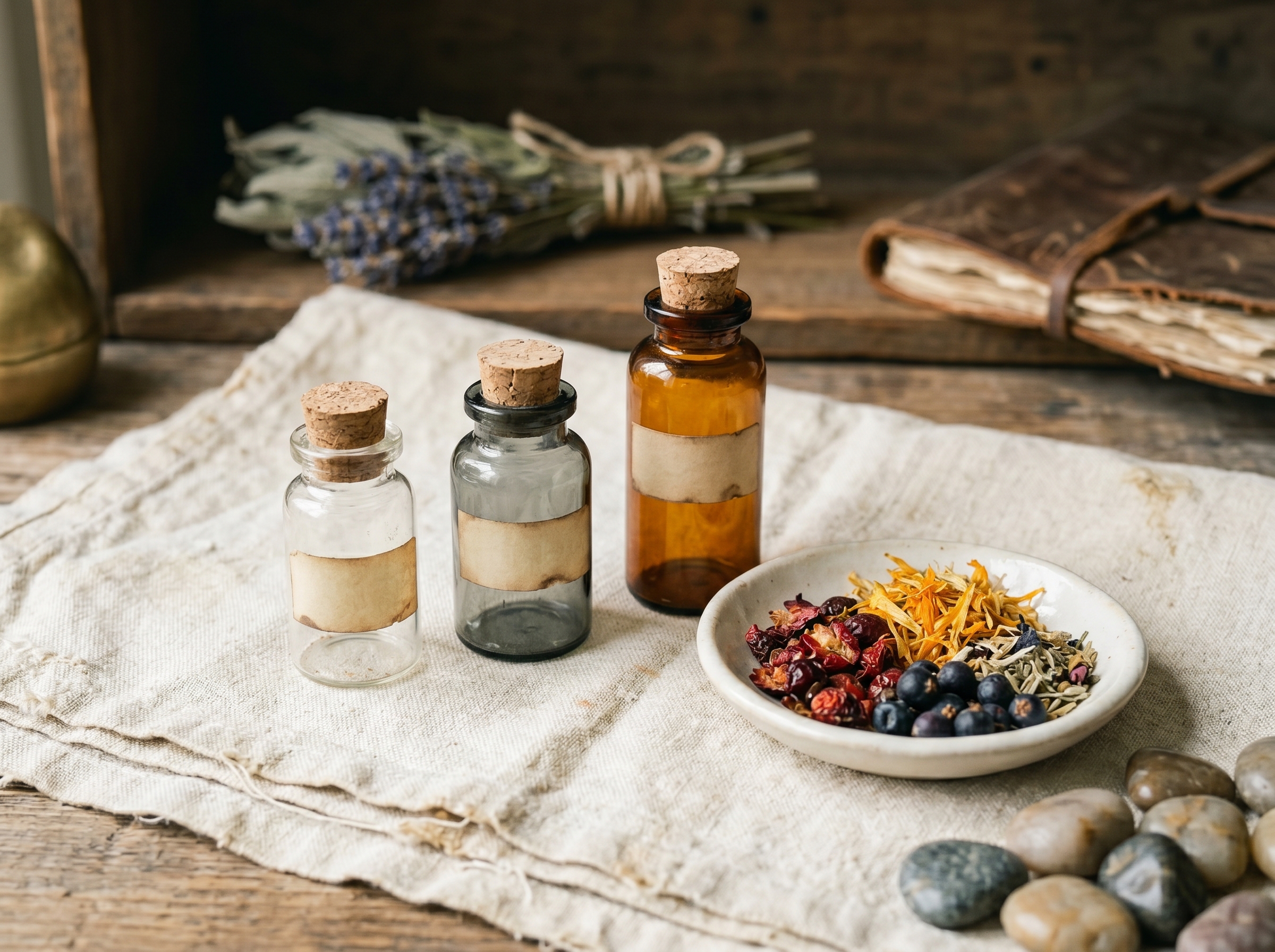 Three antique apothecary vials with dried botanicals on cream linen — Aesura Health's Micronutrient Panel through Vibrant Wellness in Hackensack, Bergen County NJ.